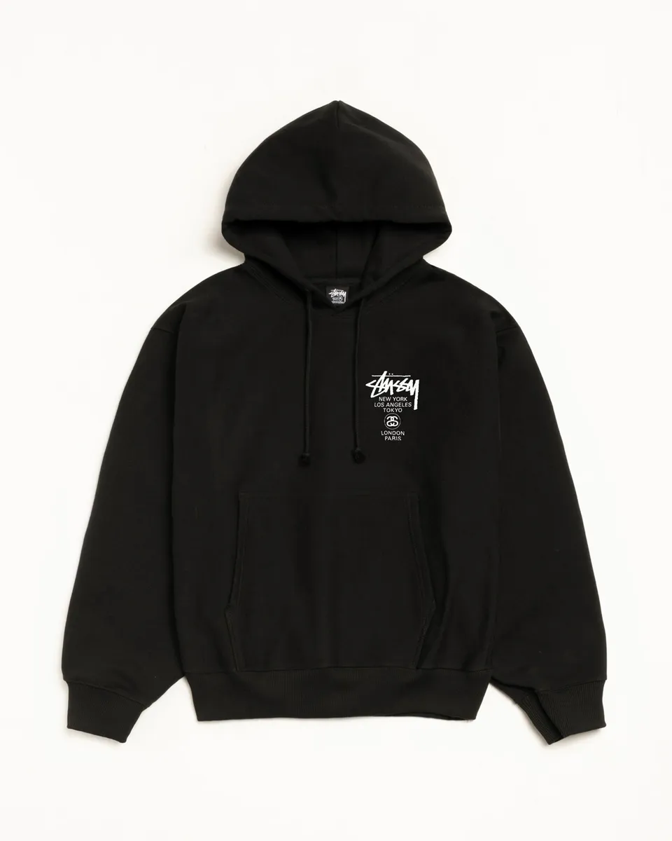 Stussy World Tour Hoodie felpa nera cotone 430gsm