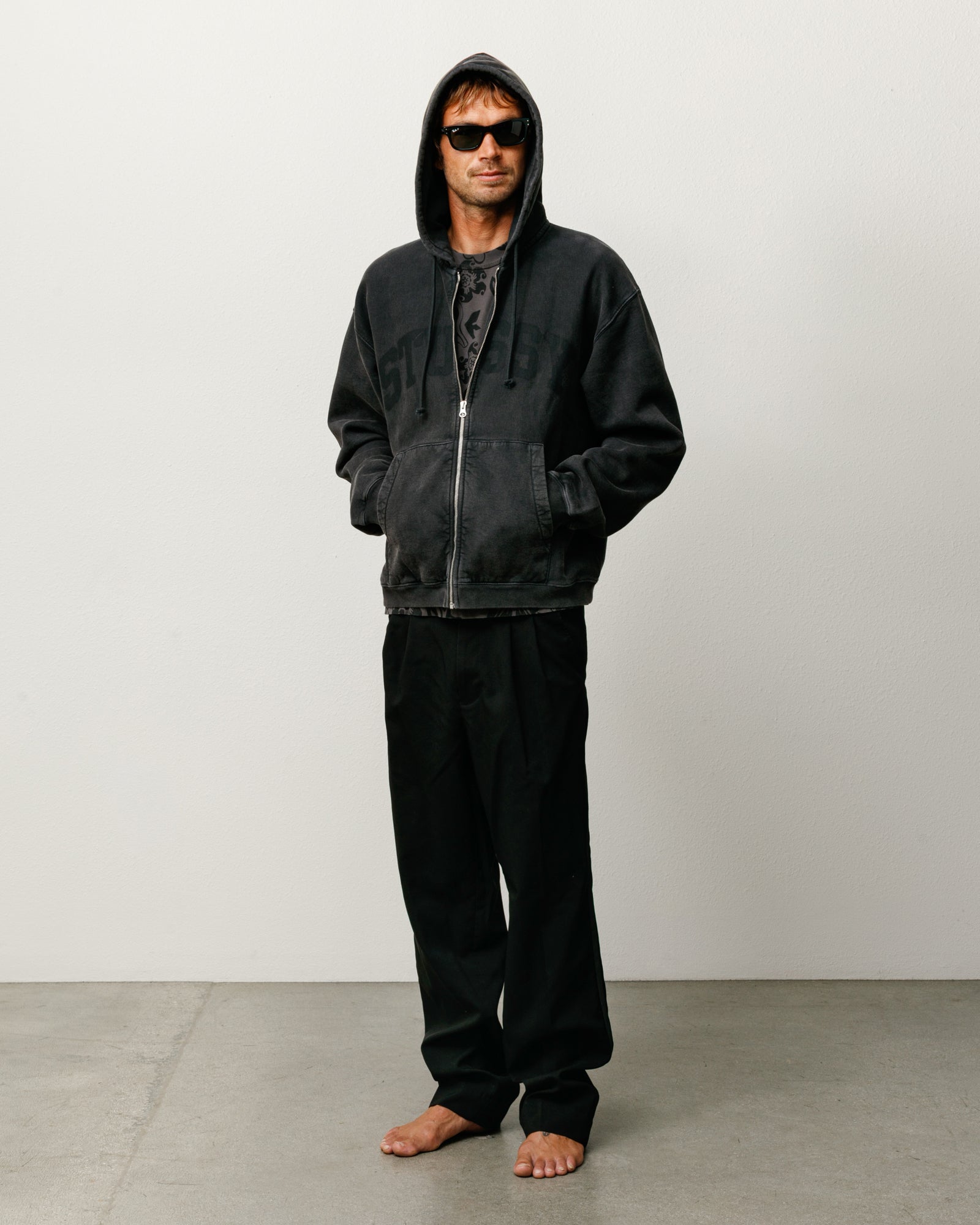 Stussy Zip Sweats Faded Graphic Zip Hoodie felpa Washed Black 500 gsm