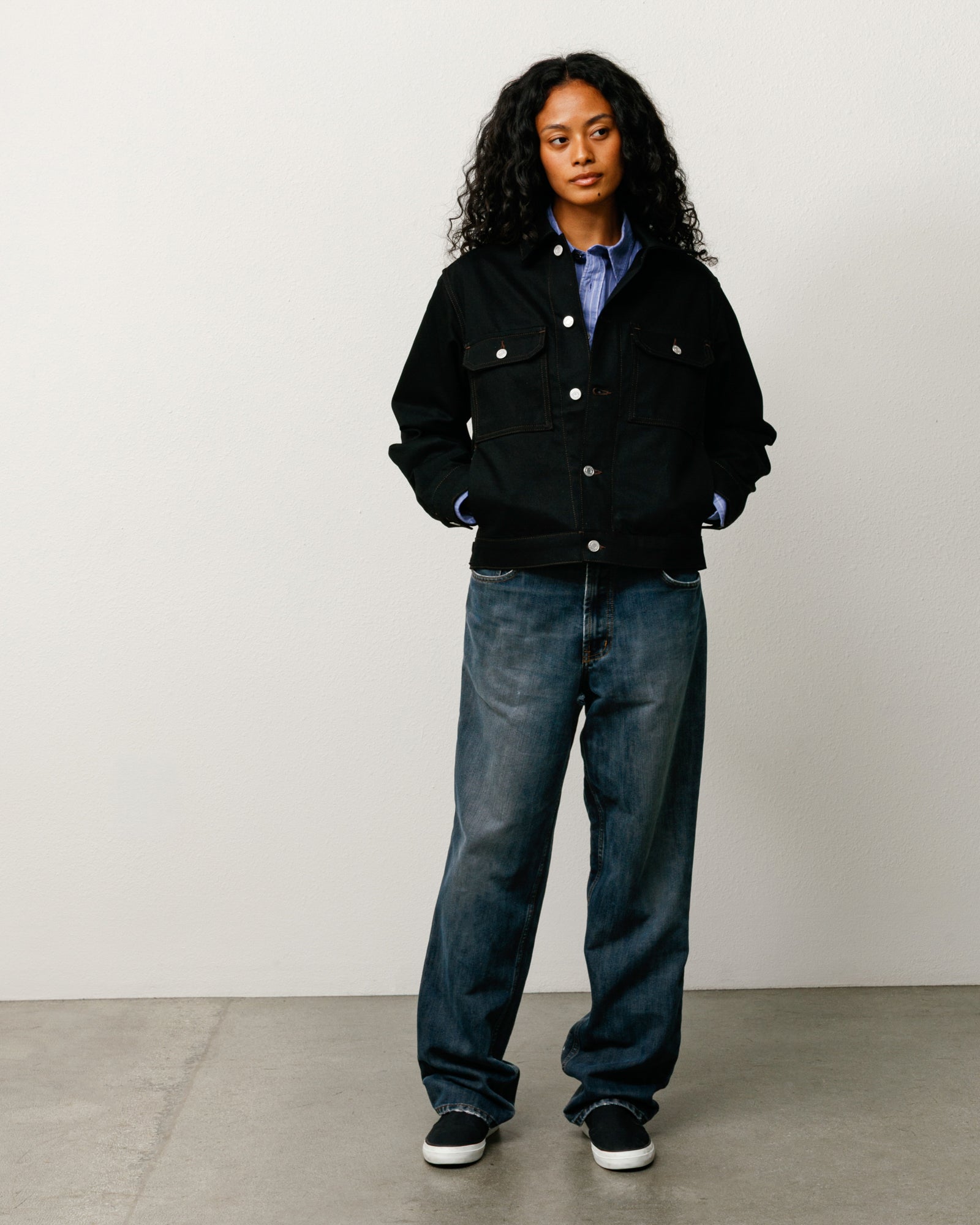 Stussy Denim Trucker Jacket giacca denim nero cuciture 100% cotone