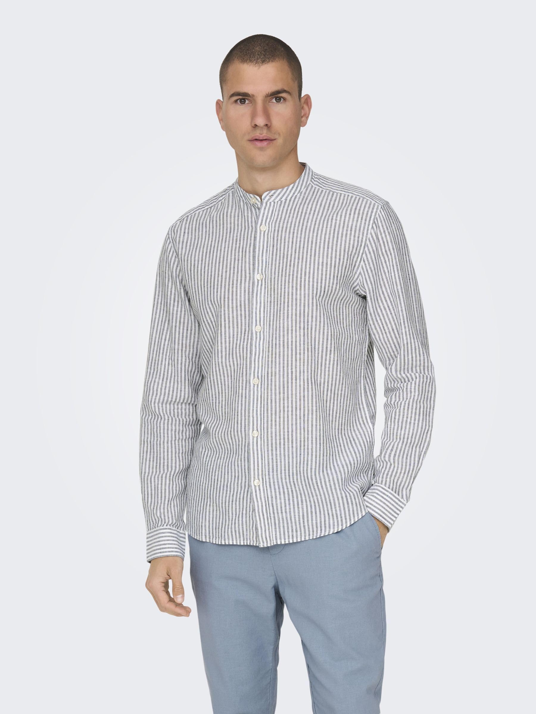 ONLY & SONS Camicie lino righe camicia uomo blu Cachemire
