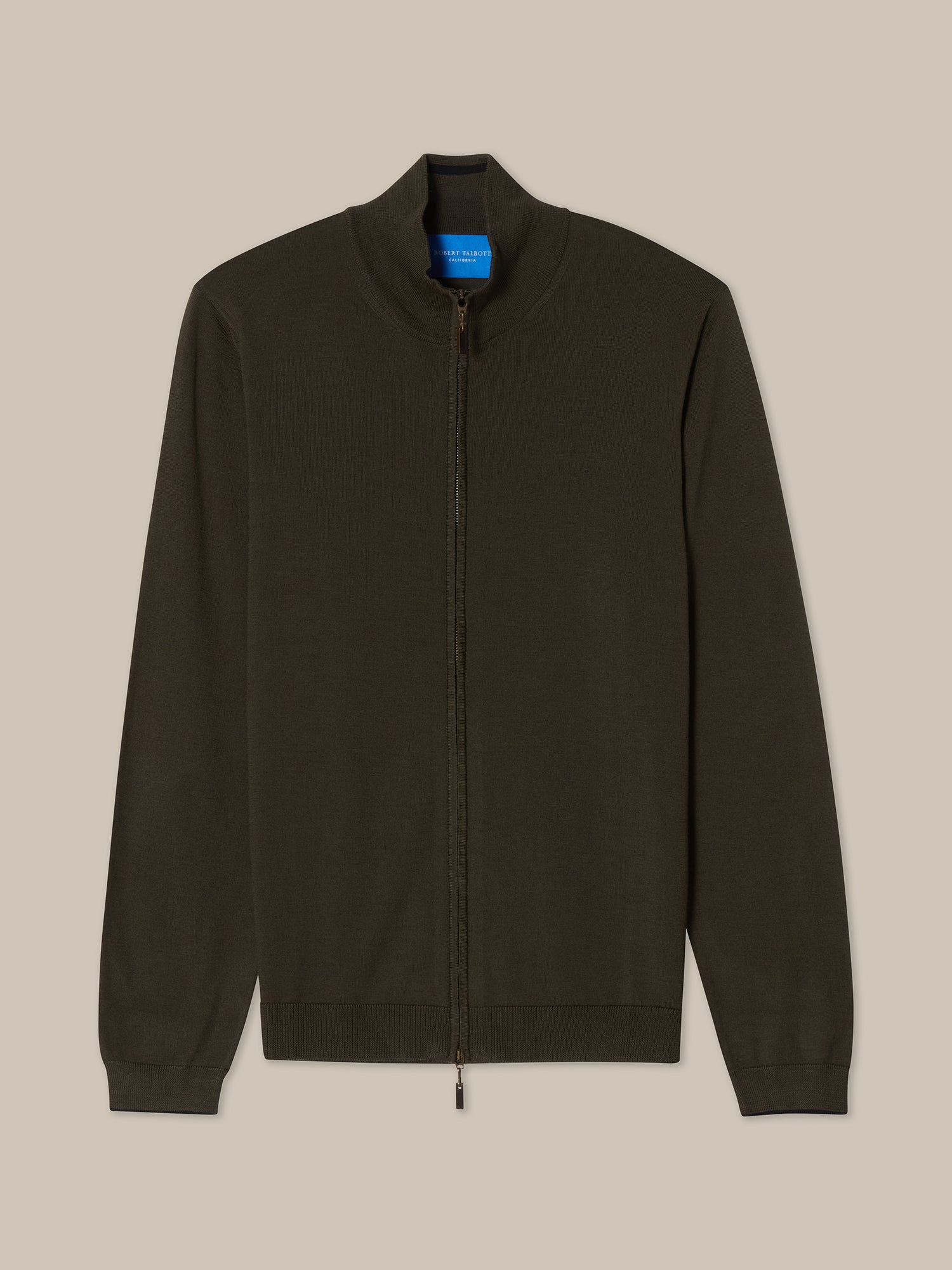 Robert Talbott Dalton Full Zip maglione merino verde oliva XL
