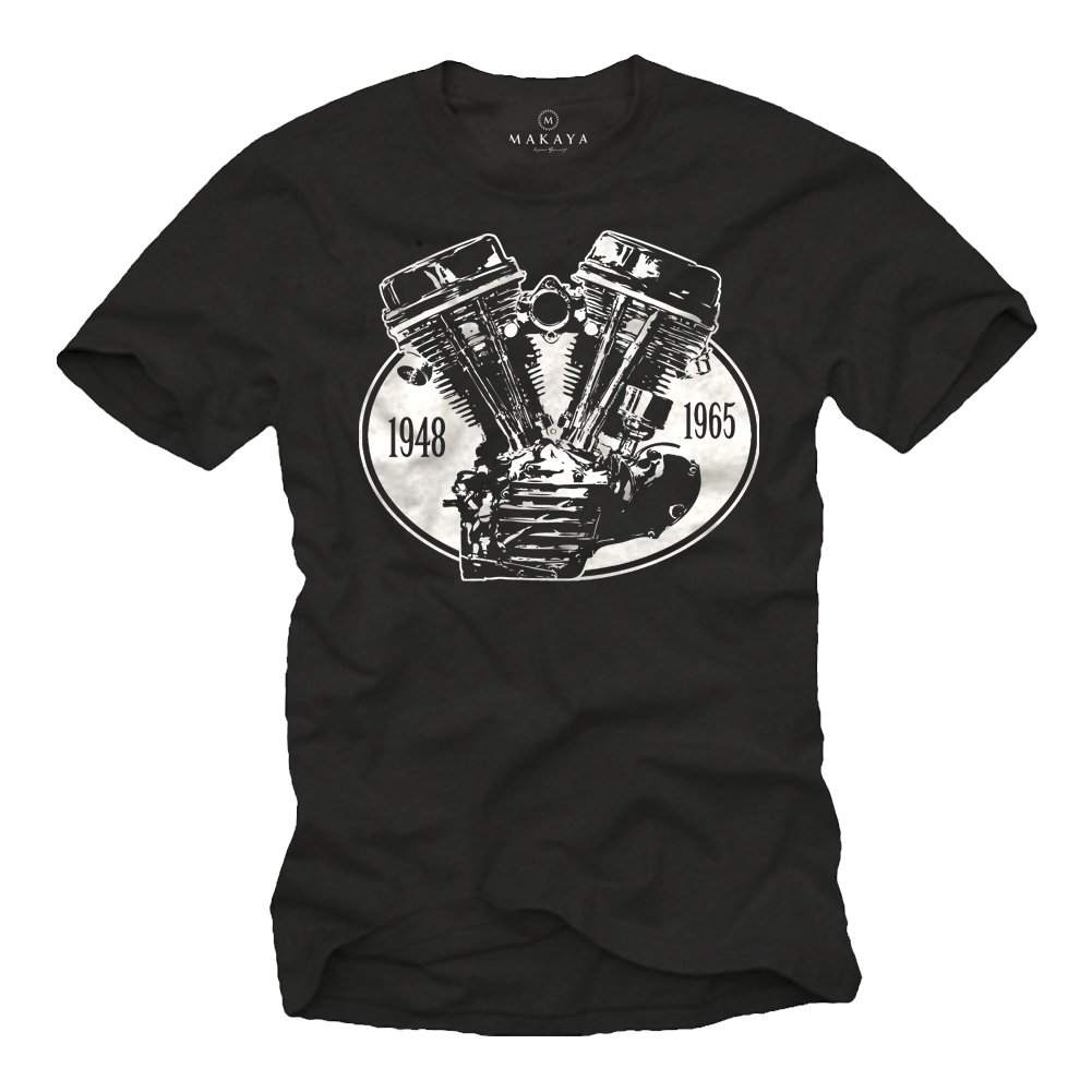 MAKAYA Panhead T-Shirt Uomo Cotone Nero Moto Biker