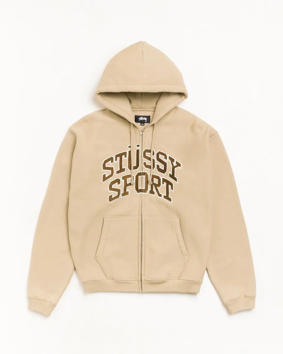 Stussy Sport Zip Hoodie Felpa Tan Cotone 535gsm YKK