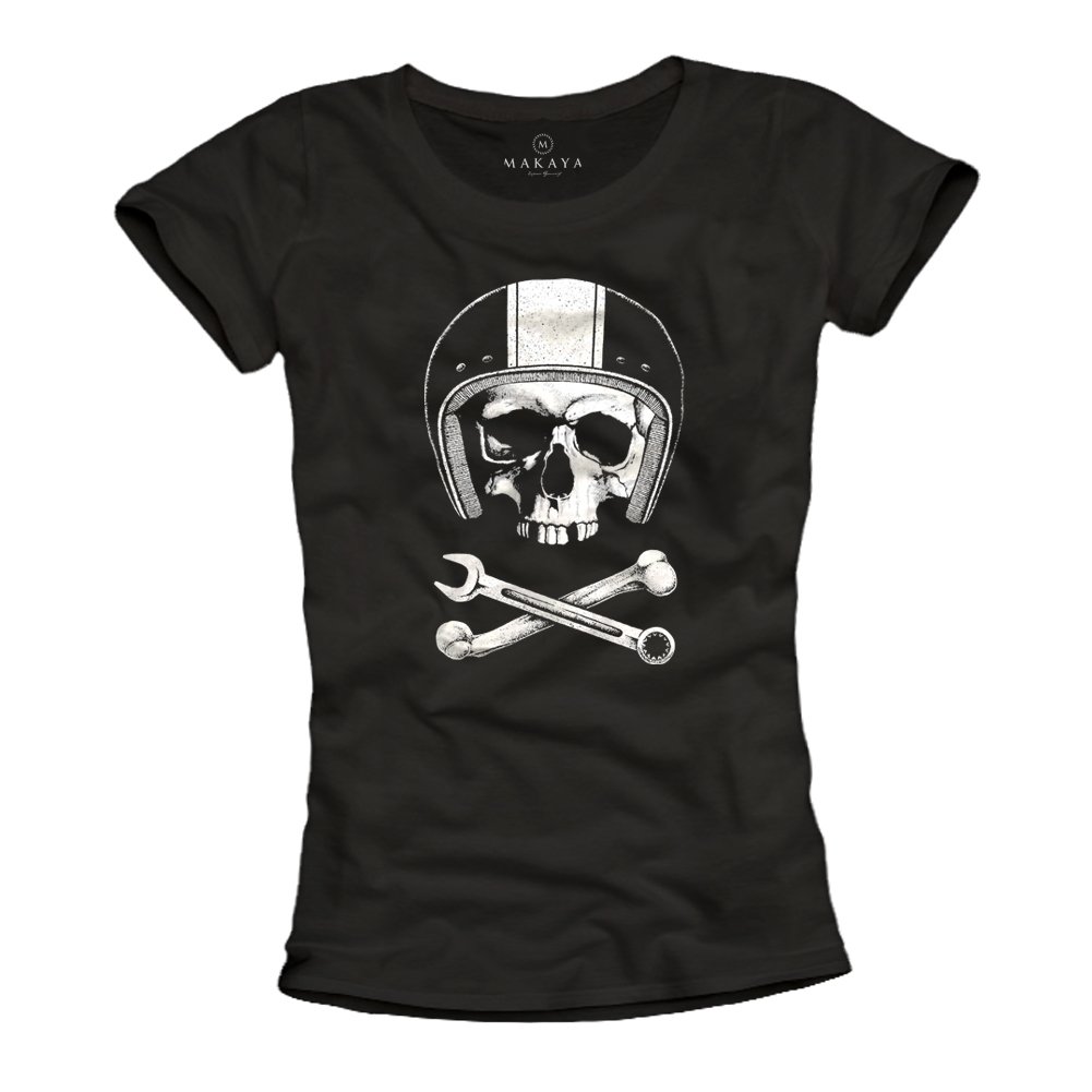 Makaya Teschio Casco Moto T-Shirt Donna Cotone Nera Taglia S