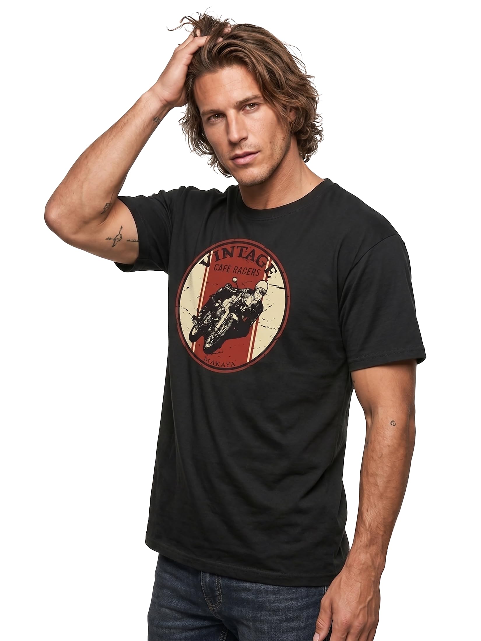 MAKAYA Cafe Racer Maglietta Uomo Cotone Vintage Moto Nero