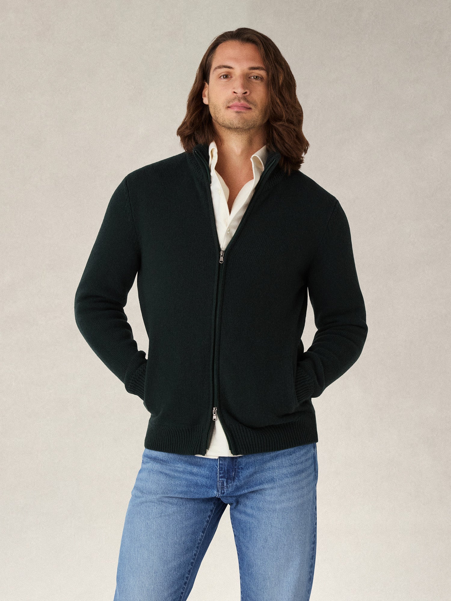 Robert Talbott Graham Maglione Uomo Zip Cashmere Verde