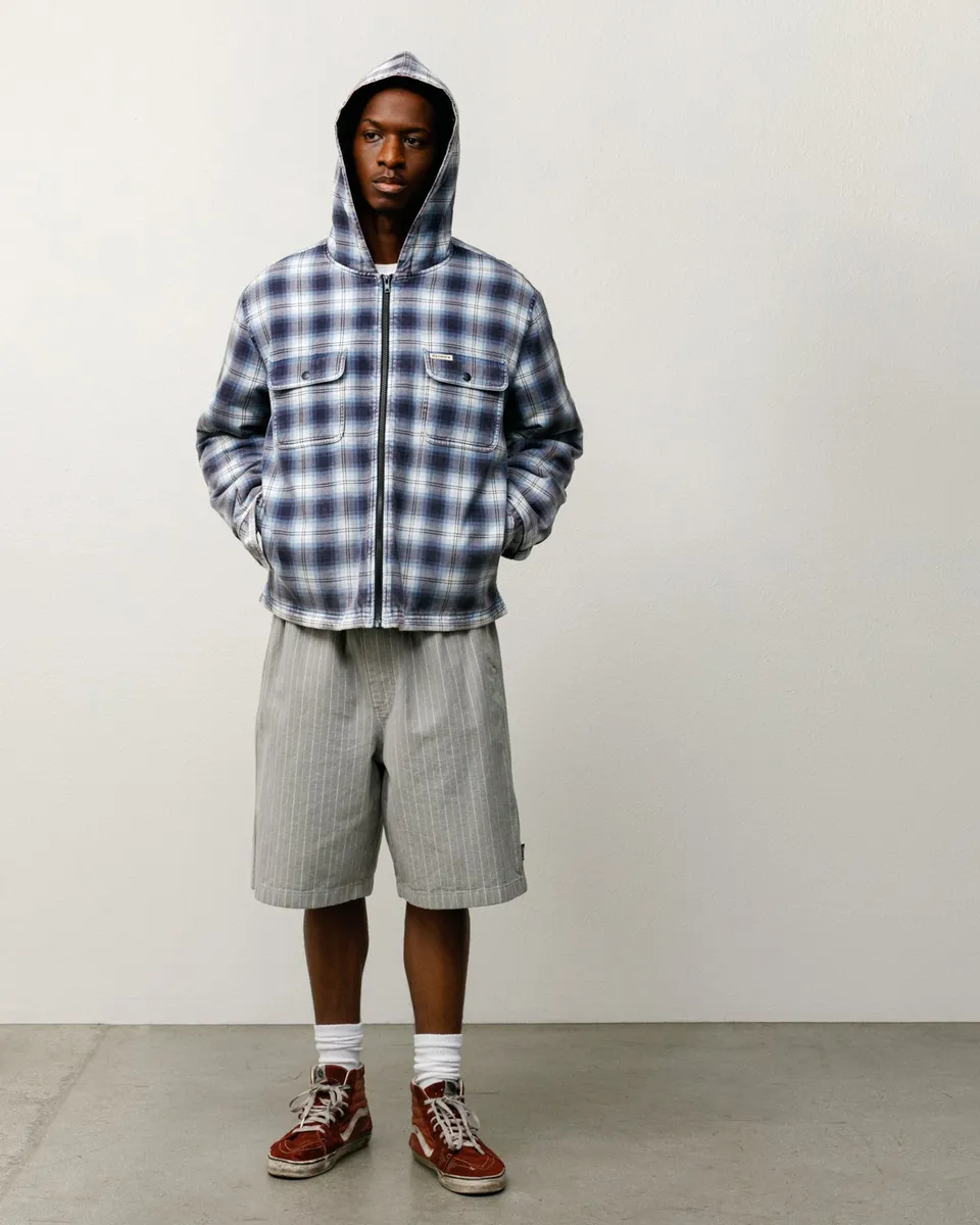Stussy Zip Hooded Plaid Shirt giacca blu quadri trapuntata