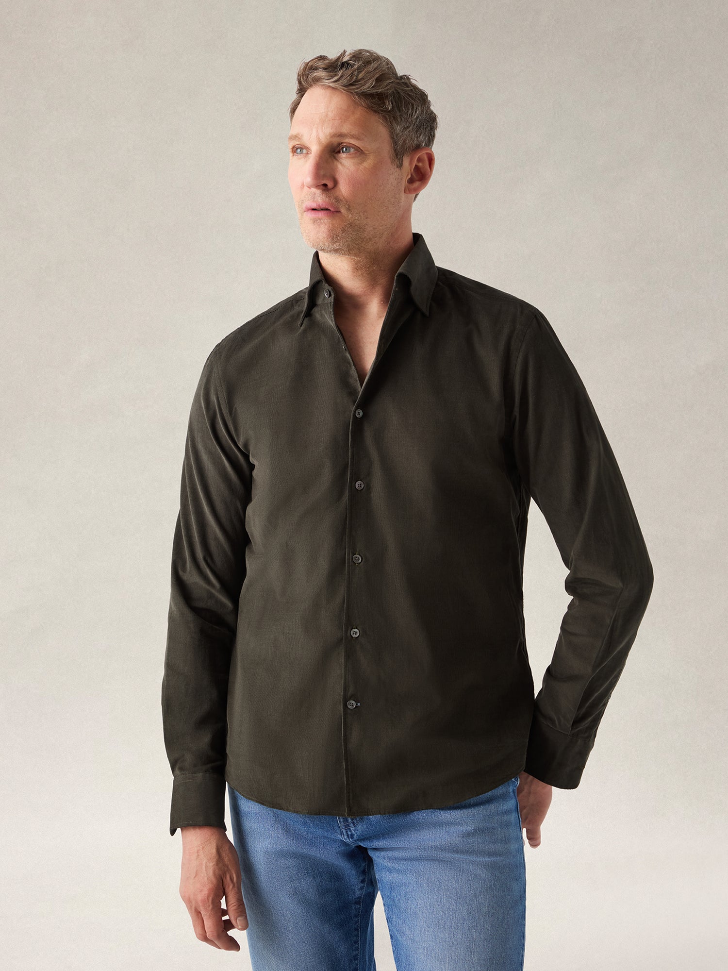 Robert Talbott Morgan Corduroy Camicia Velluto Oliva Cotone