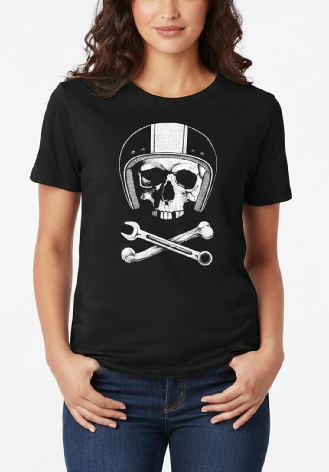 Makaya Teschio Casco Moto T-Shirt Donna Cotone Nera Taglia S