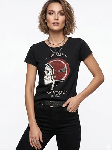 MAKAYA Moto Teschio T-Shirt Donna L Cotone Nera