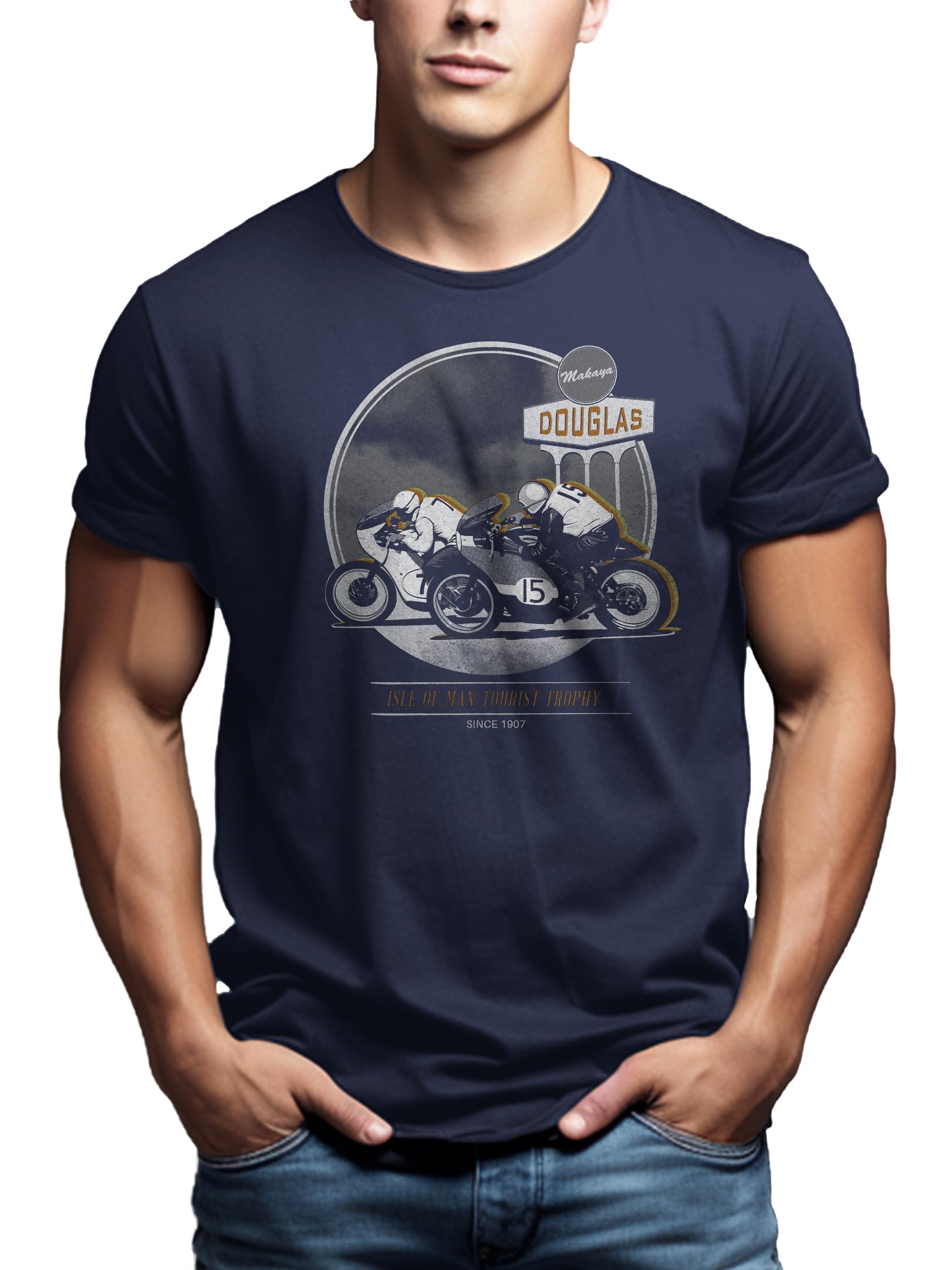 Makaya Cafe Racer T-Shirt Uomo Cotone Blu Taglia S