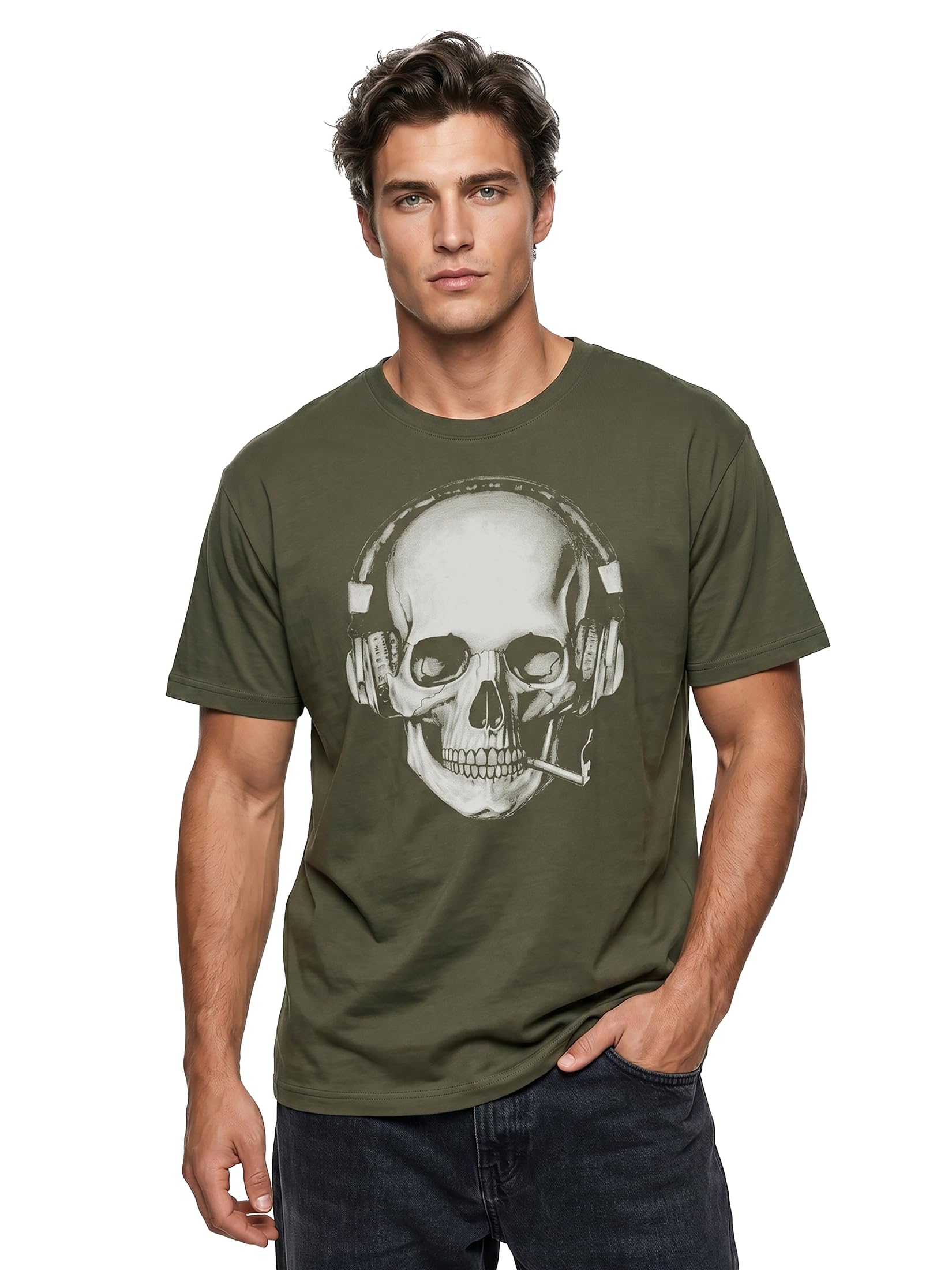 MAKAYA Teschio Auricolare T-Shirt Uomo Cotone DJ Musica