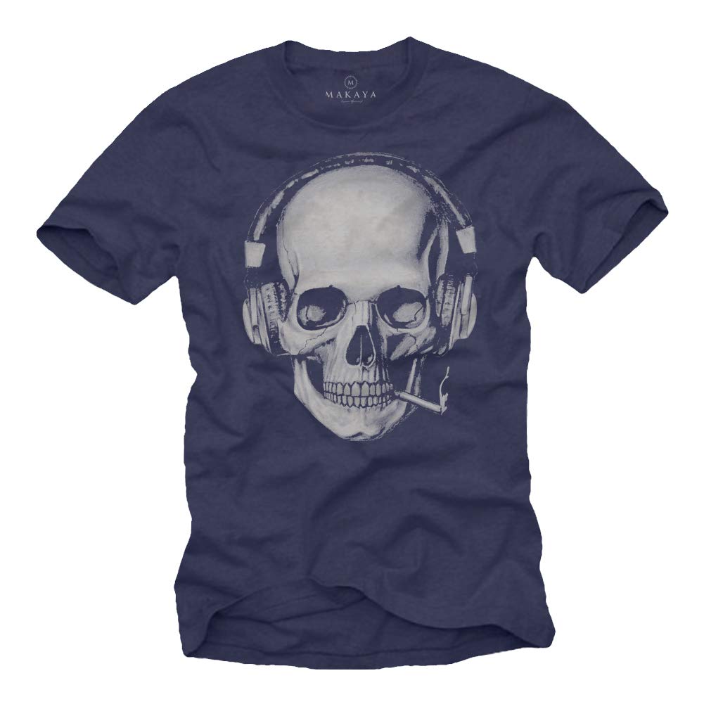 MAKAYA Teschio Auricolare T-Shirt Uomo Cotone DJ Musica