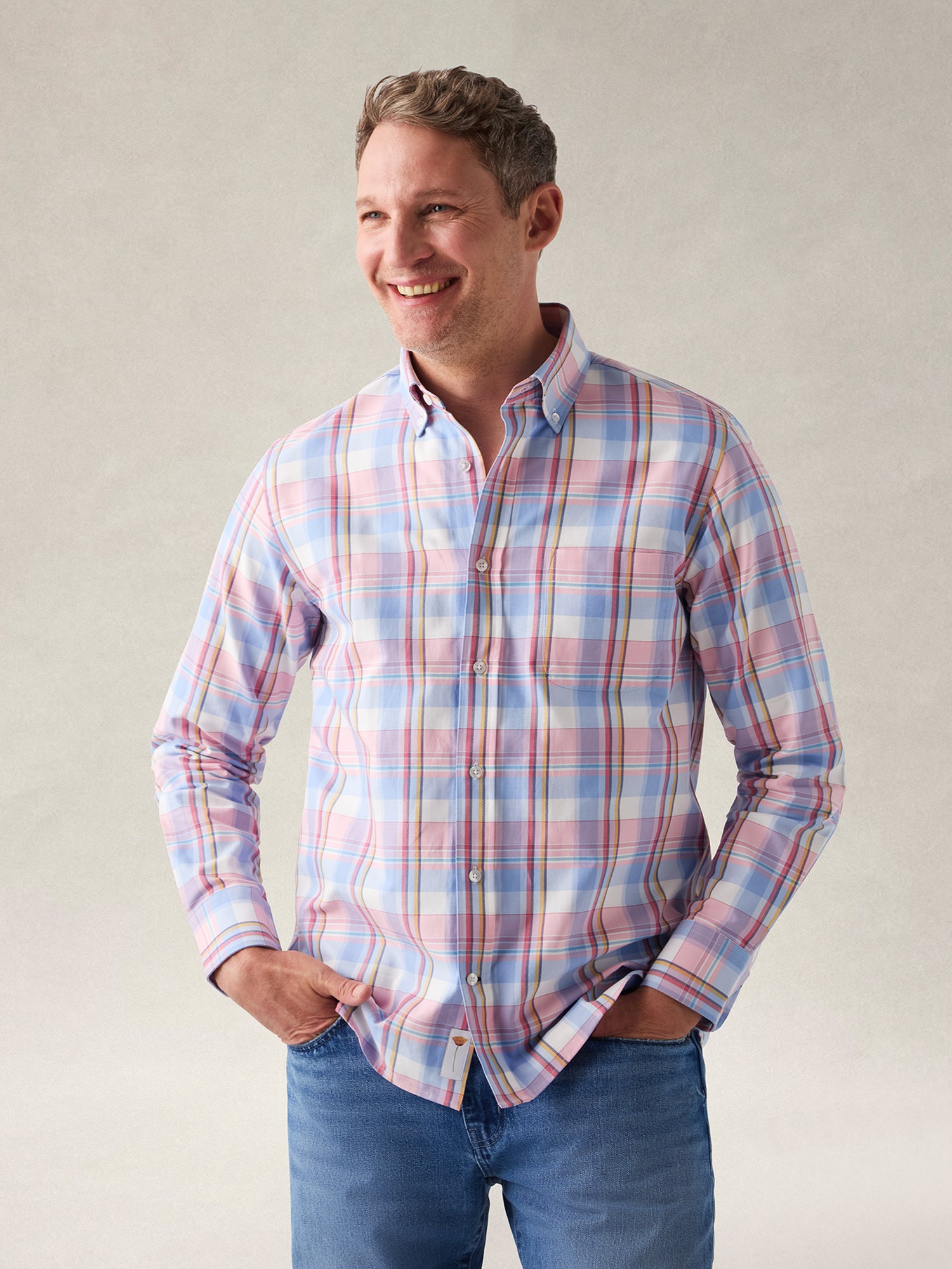 Robert Talbott Harrison camicia oxford quadri rosa multi