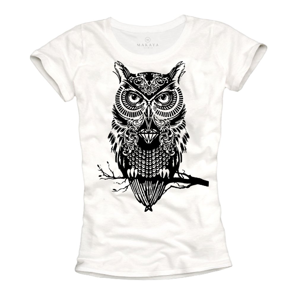 MAKAYA T-Shirt Donna Gufo Maglietta Cotone Bianca S