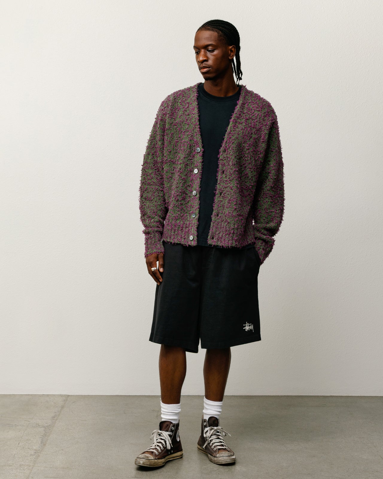 Stussy Textured Cardigan maglia viola verde bottoni