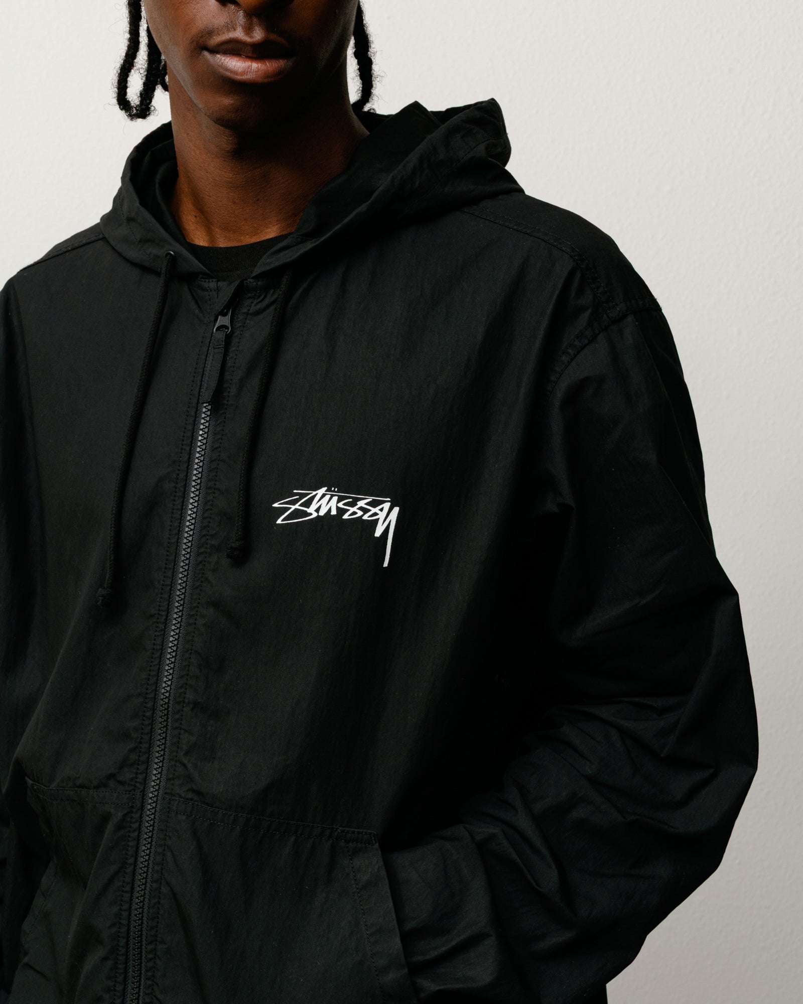 Stussy Outerwear Beach Shell giacca nera cotone cerato zip YKK
