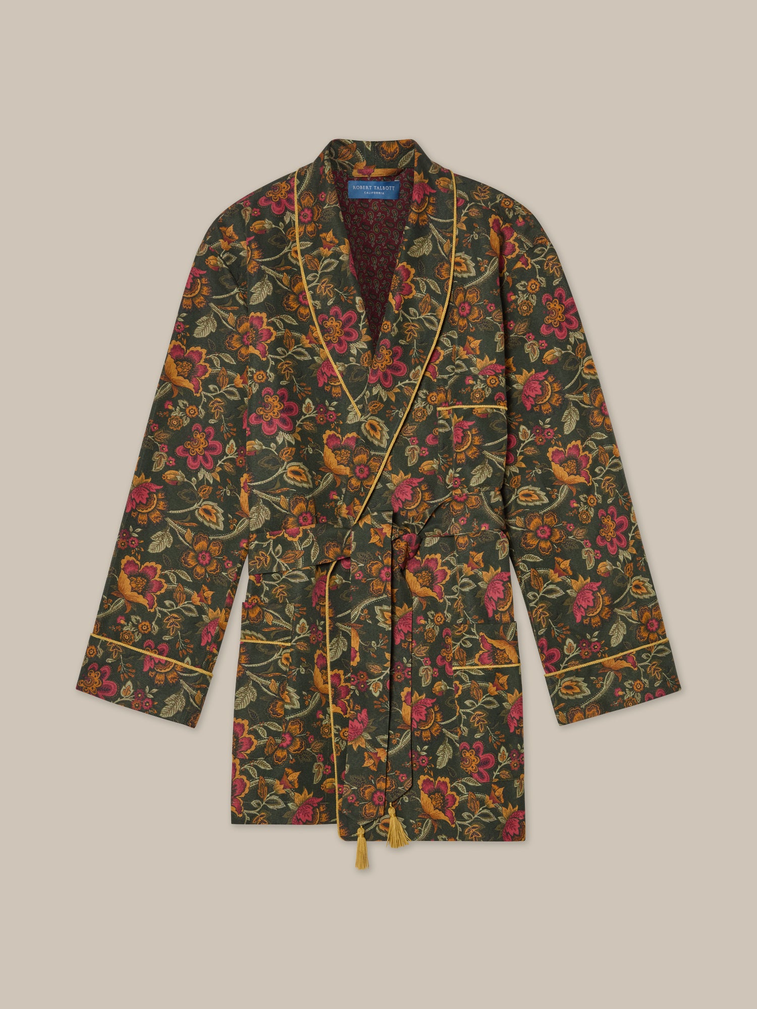 Robert Talbott Hefner smoking jacket seta verde oliva