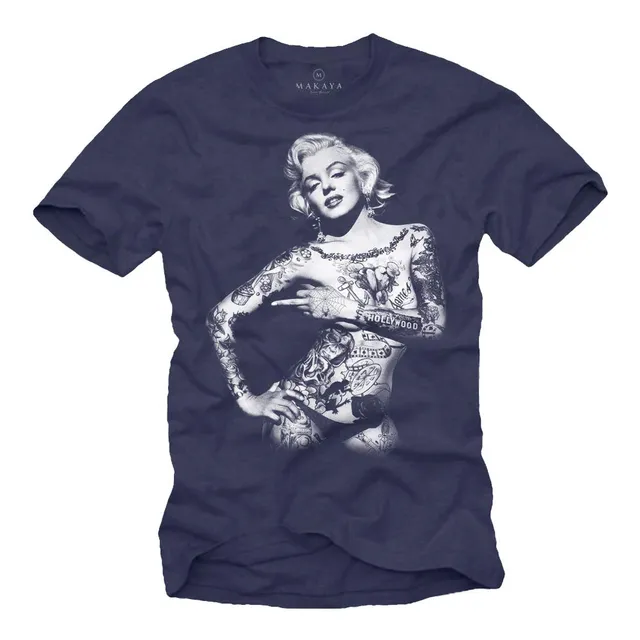 Makaya T-Shirt Donna Tattoo Pin Up Maglietta Blu S Cotone
