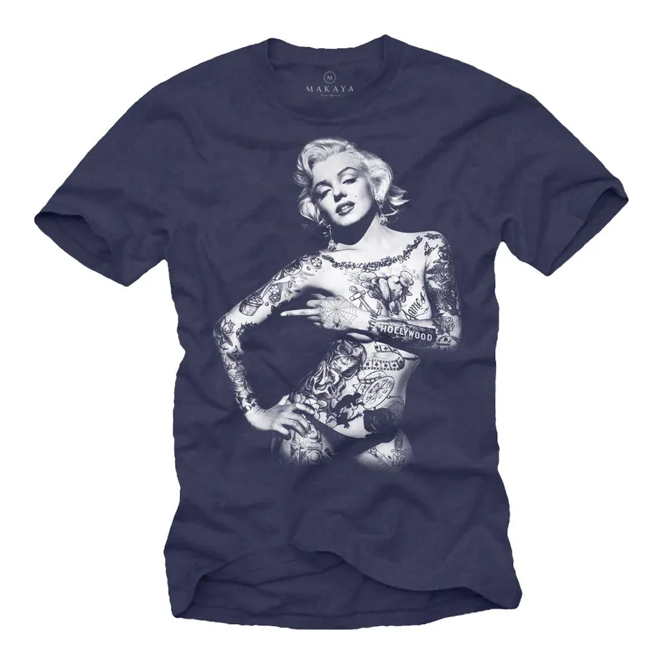 Makaya T-Shirt Donna Tattoo Pin Up Maglietta Blu S Cotone