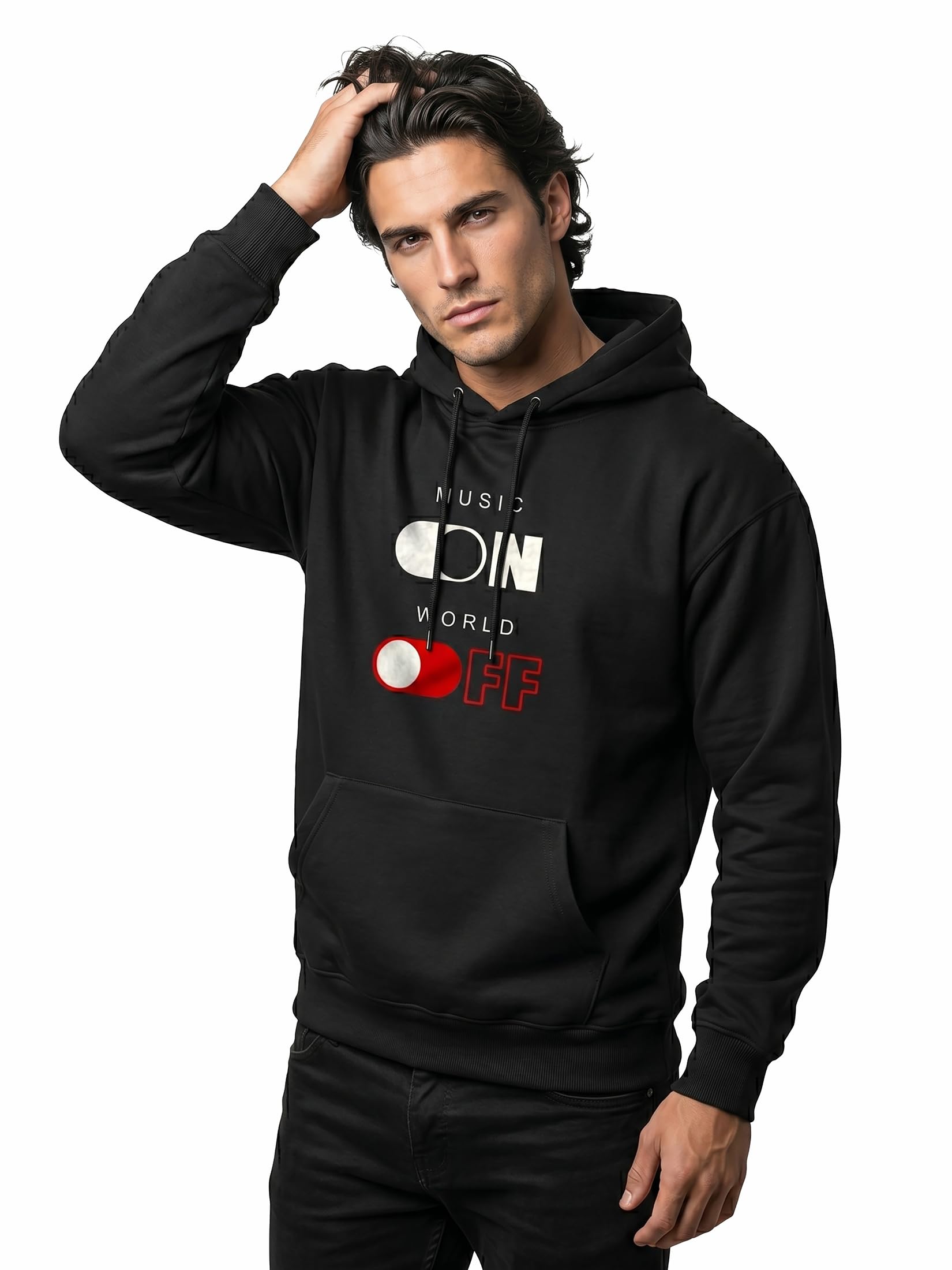 MAKAYA Music On World Off felpa cappuccio L streetwear DJ