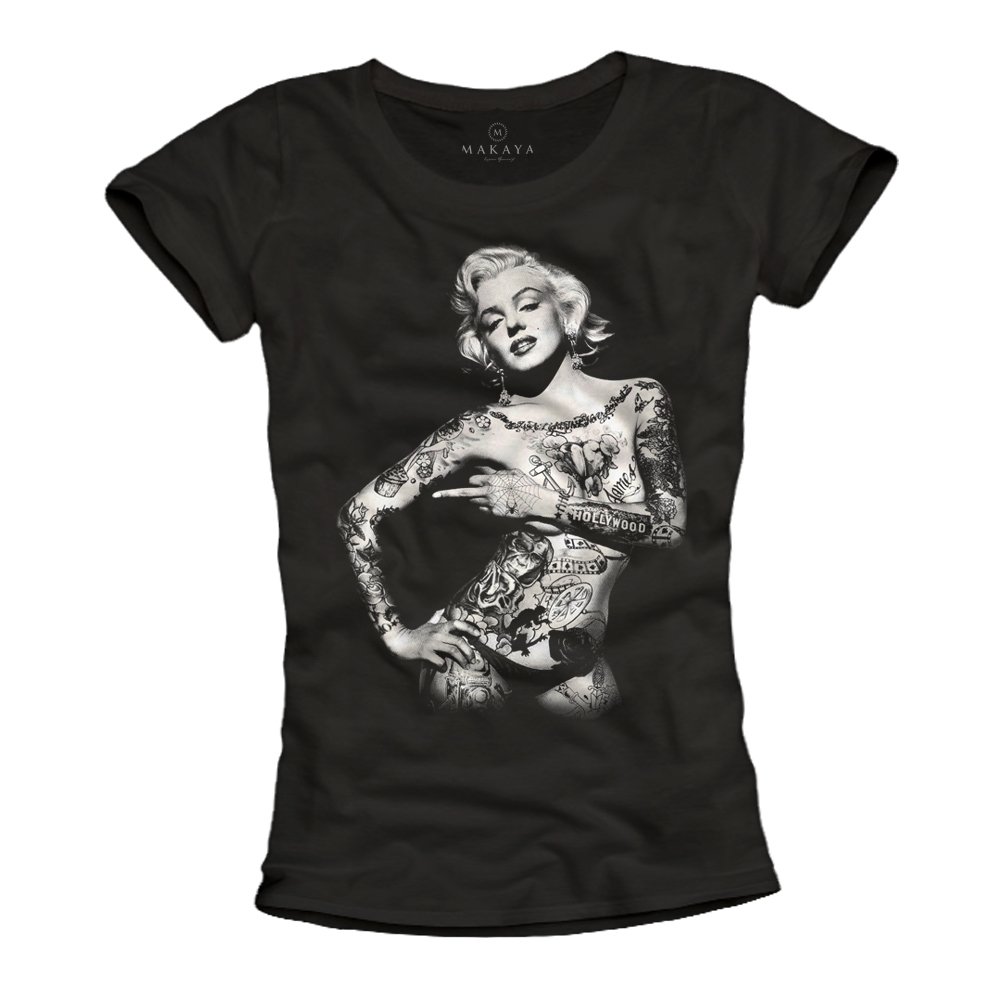 MAKAYA Rock Tattoo Maglietta Donna Cotone Nera Taglia M