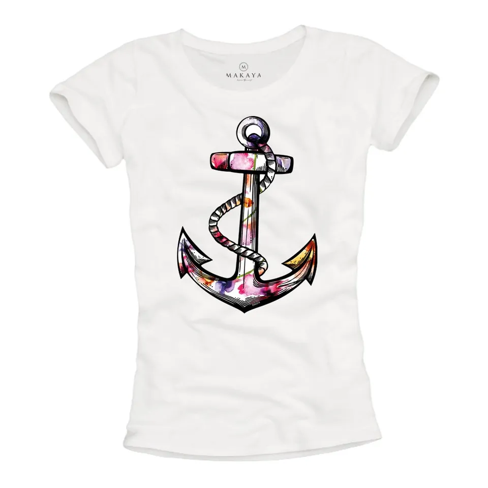 Makaya Ancora T-Shirt Donna S Cotone Stampa Serigrafia