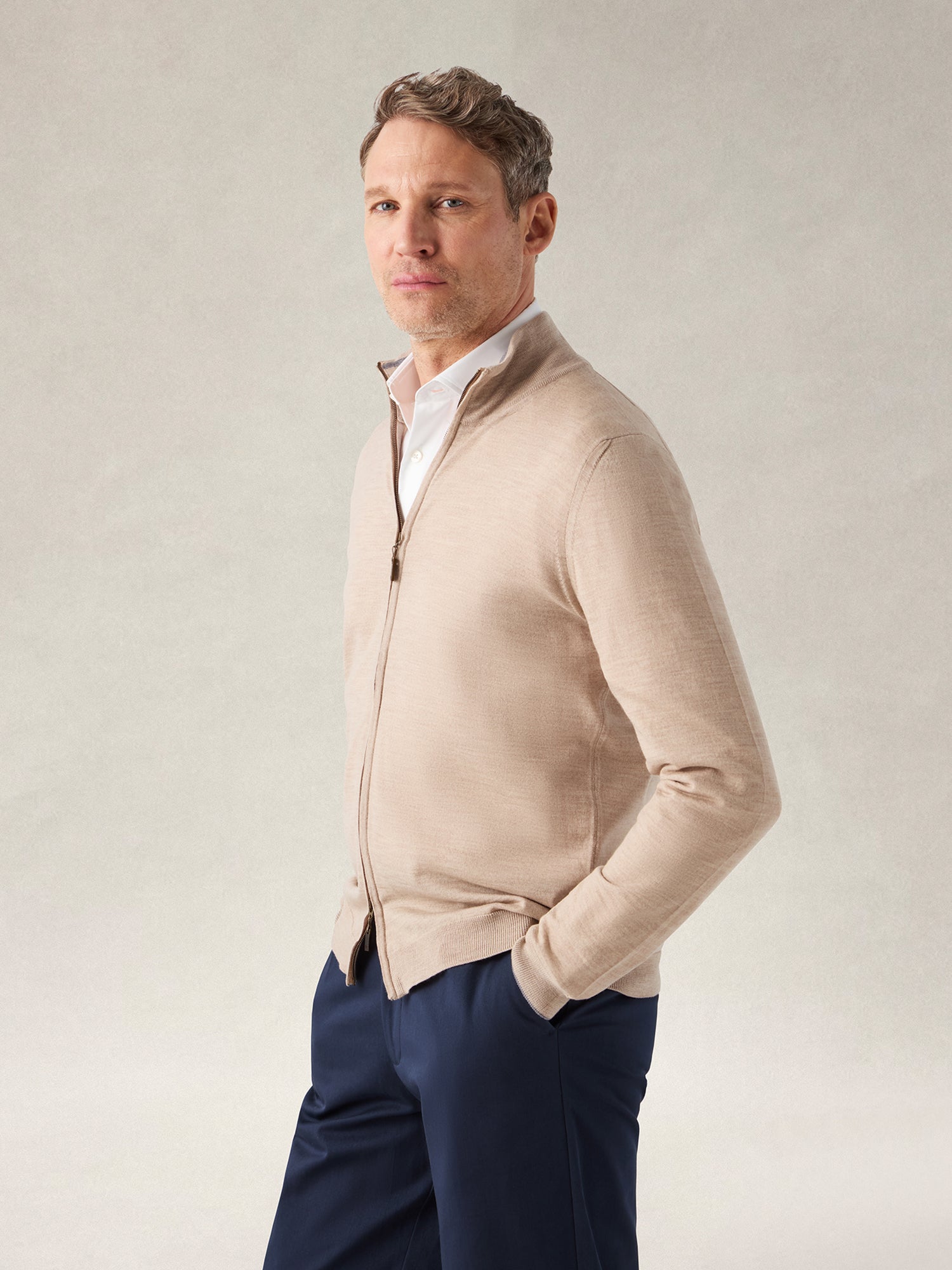 Robert Talbott Dalton maglione full zip merino flax