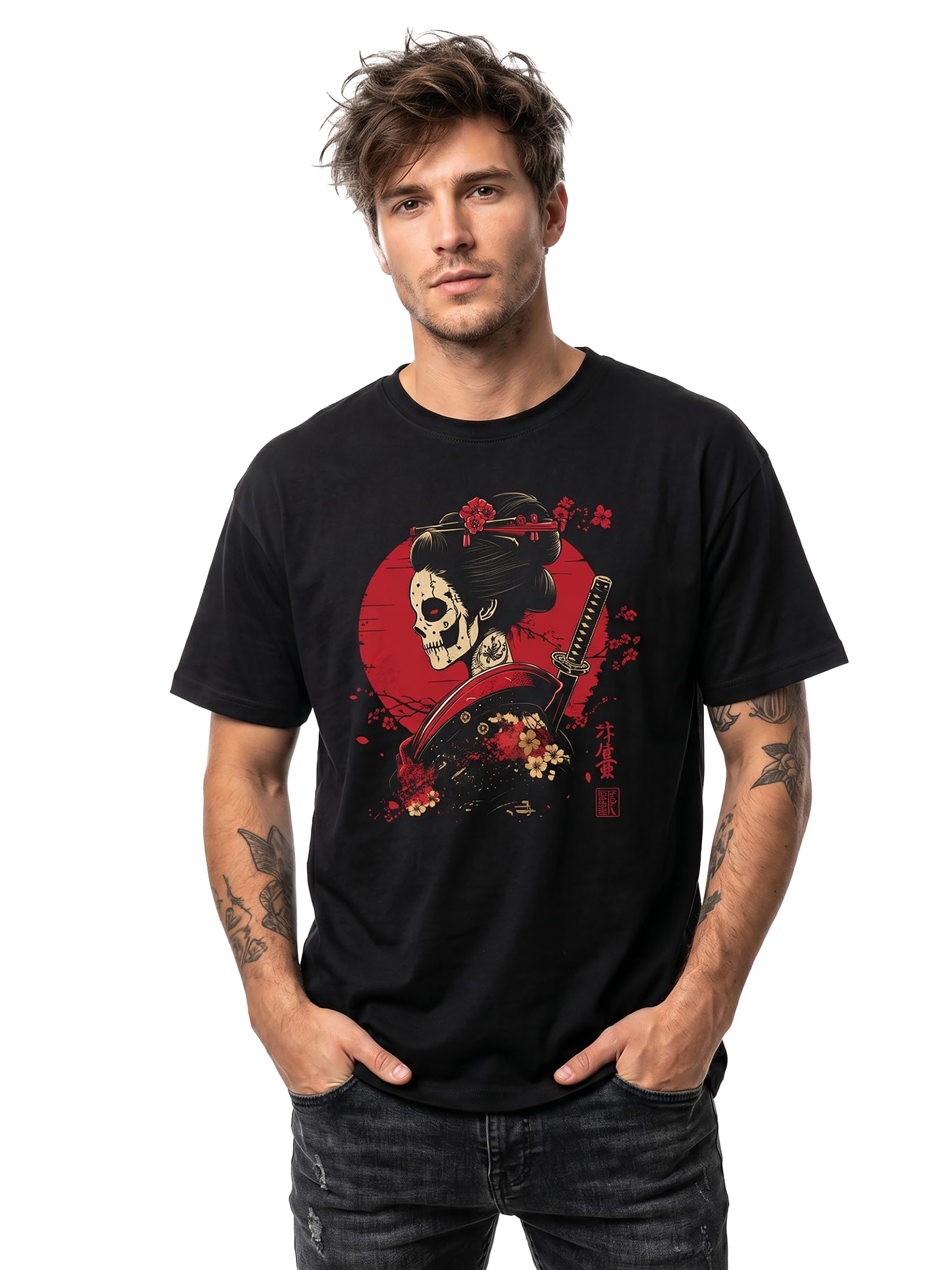 MAKAYA T-Shirt Uomo Kanji Samurai Guerriero maglietta XXL cotone