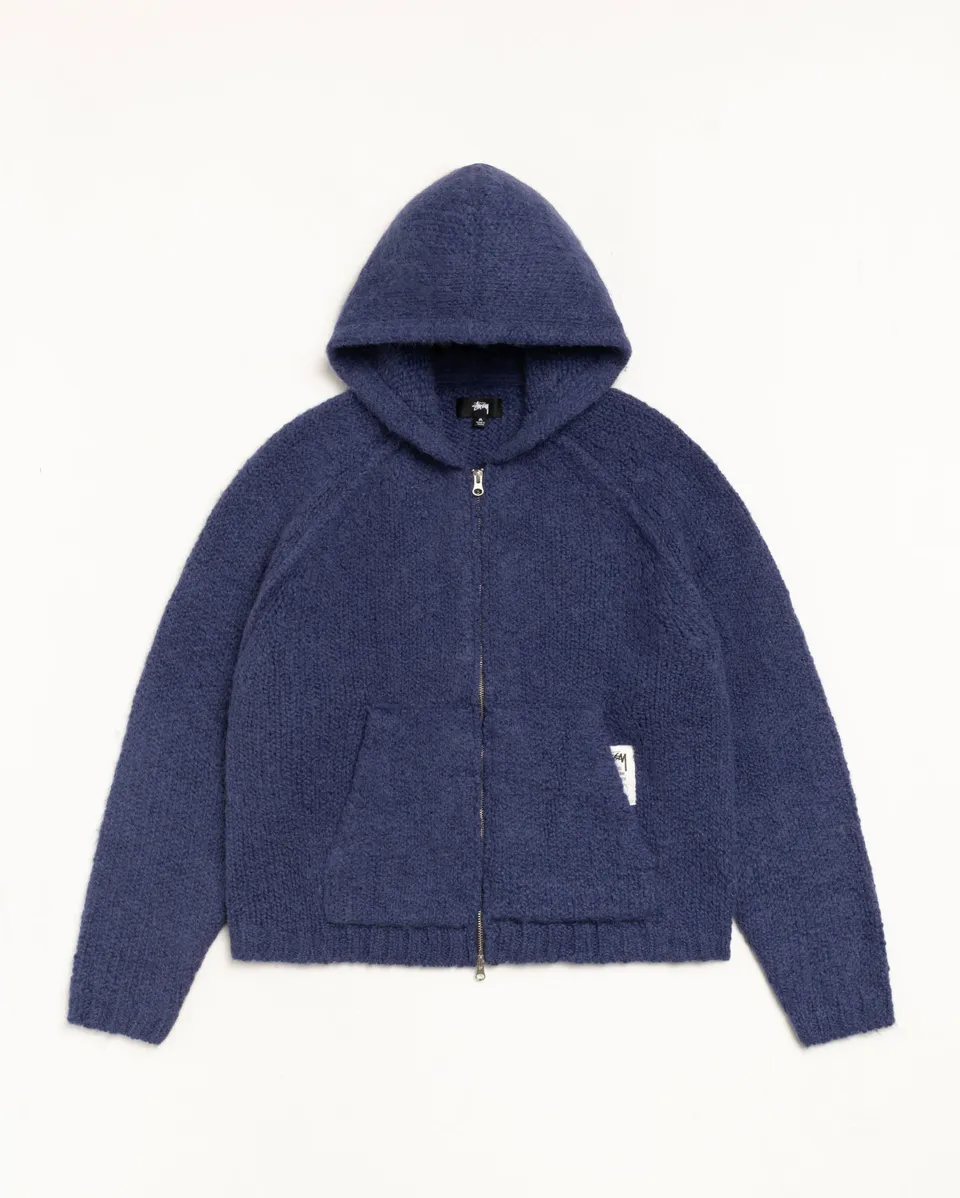 Stussy Knits Chunky Knit Zip Hoodie felpa blu alpaca