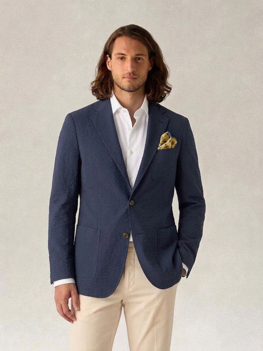 Robert Talbott Clarke blazer seersucker blu navy sfoderato