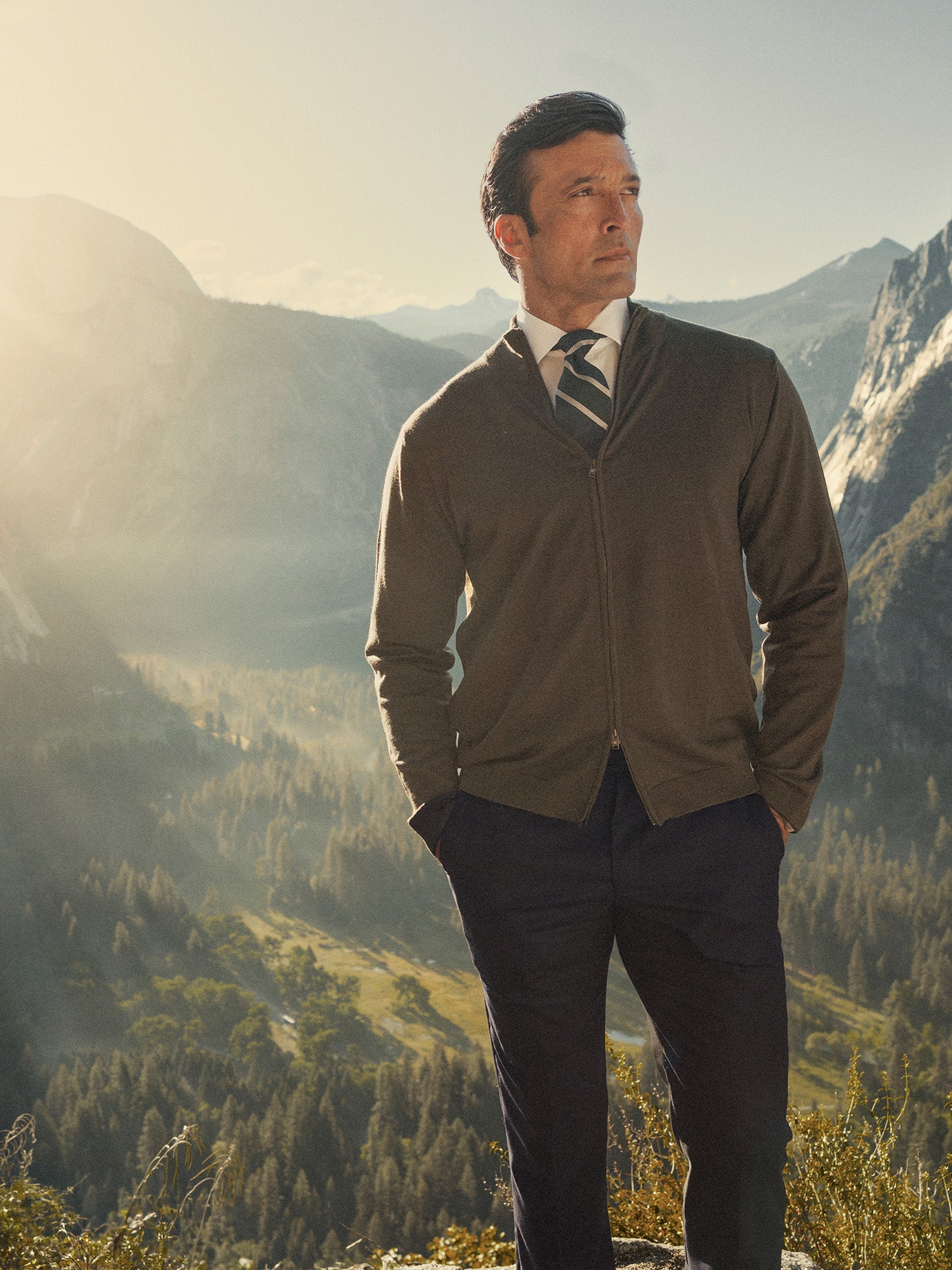 Robert Talbott Dalton Full Zip maglione merino verde oliva XL