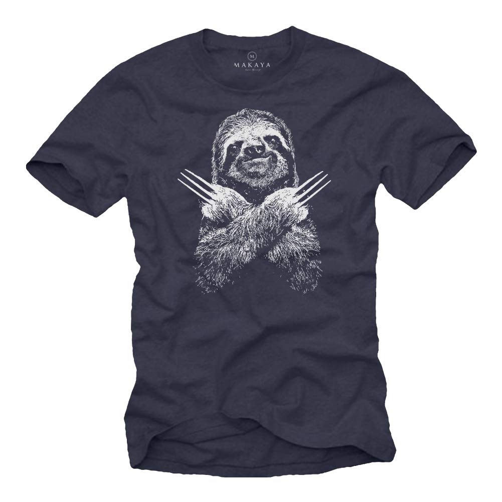 MAKAYA Bradipo Sloth T-Shirt Uomo L Blu 100% Cotone