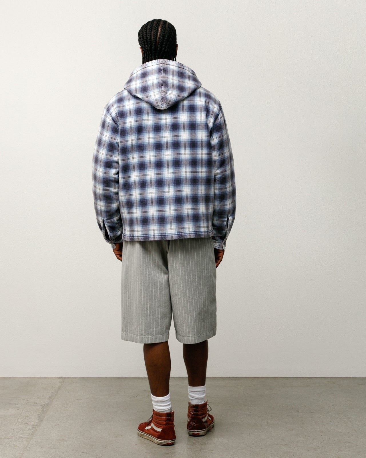 Stussy Zip Hooded Plaid Shirt giacca blu quadri trapuntata