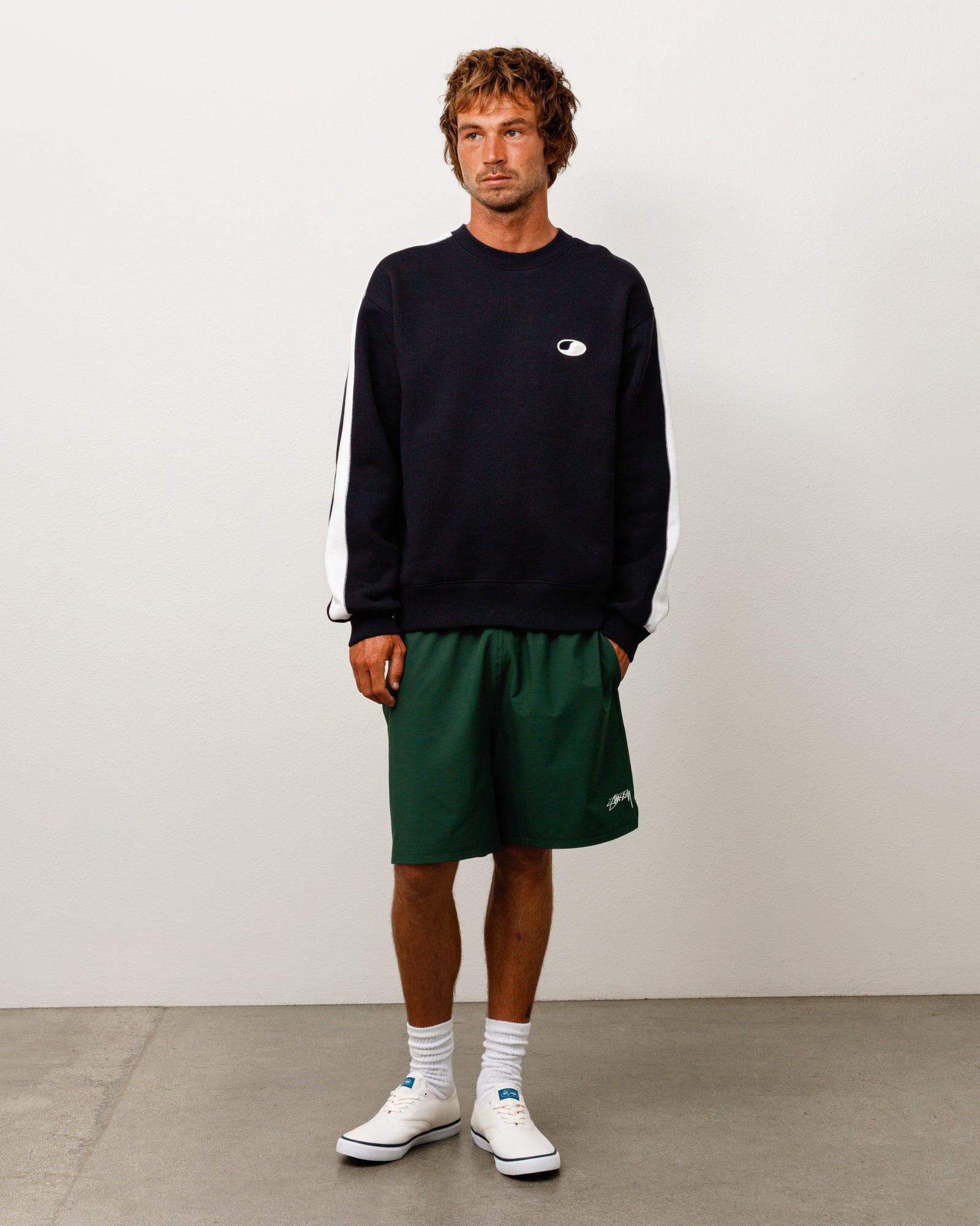 Stussy Paneled Stripe Crew felpa nero cotone