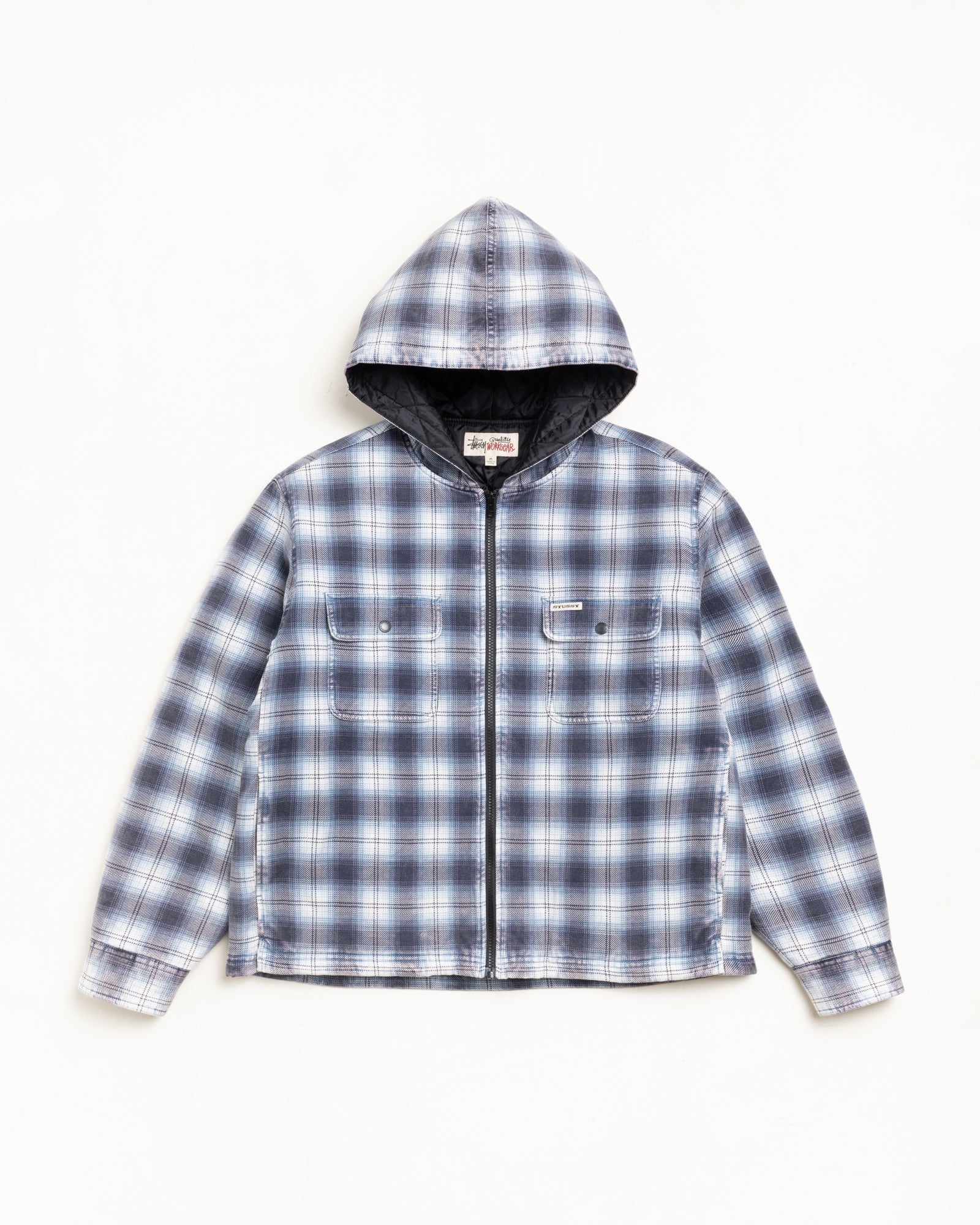 Stussy Zip Hooded Plaid Shirt giacca blu quadri trapuntata