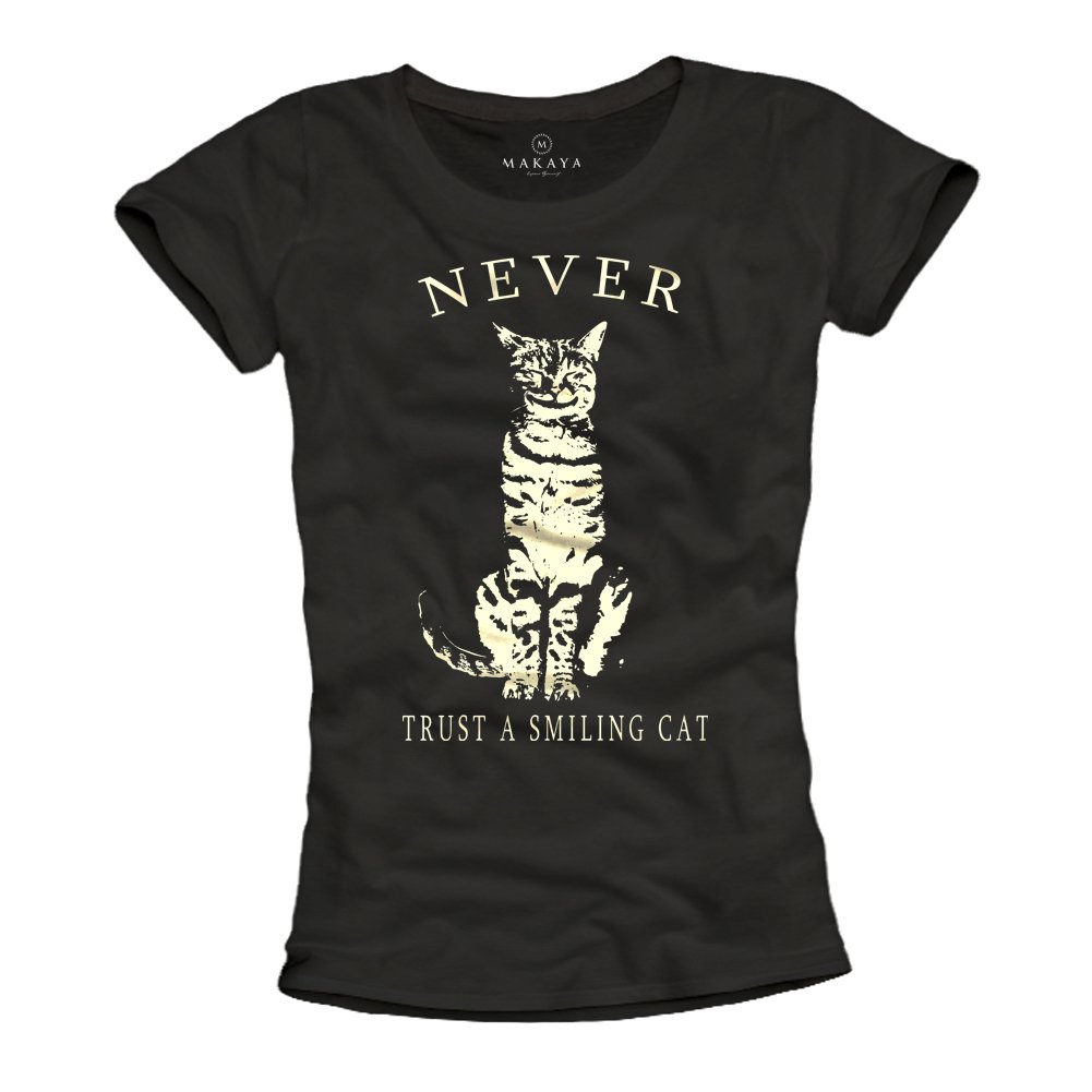 Makaya Never Trust A Smiling Cat T-Shirt Nera S Cotone