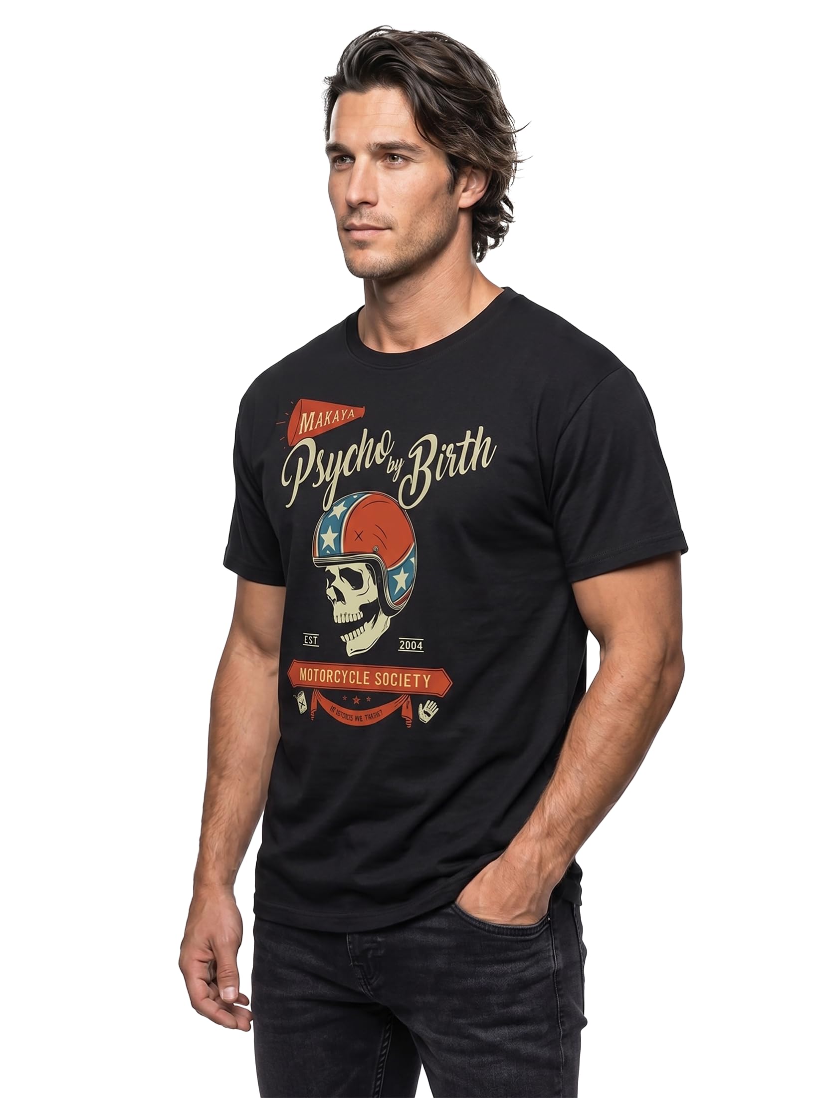 MAKAYA Psycho Motorcycle T-Shirt Uomo Nero 100% Cotone
