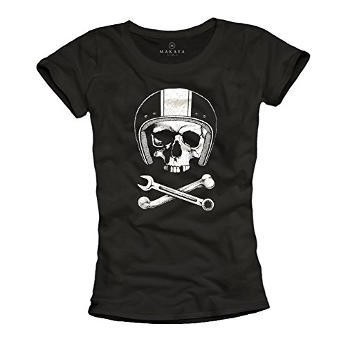 Makaya Teschio Casco Moto T-Shirt Donna Cotone Nera Taglia S