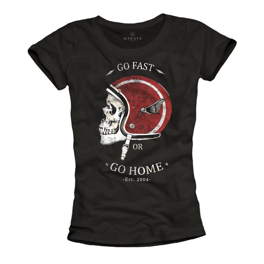 MAKAYA Moto Teschio T-Shirt Donna L Cotone Nera