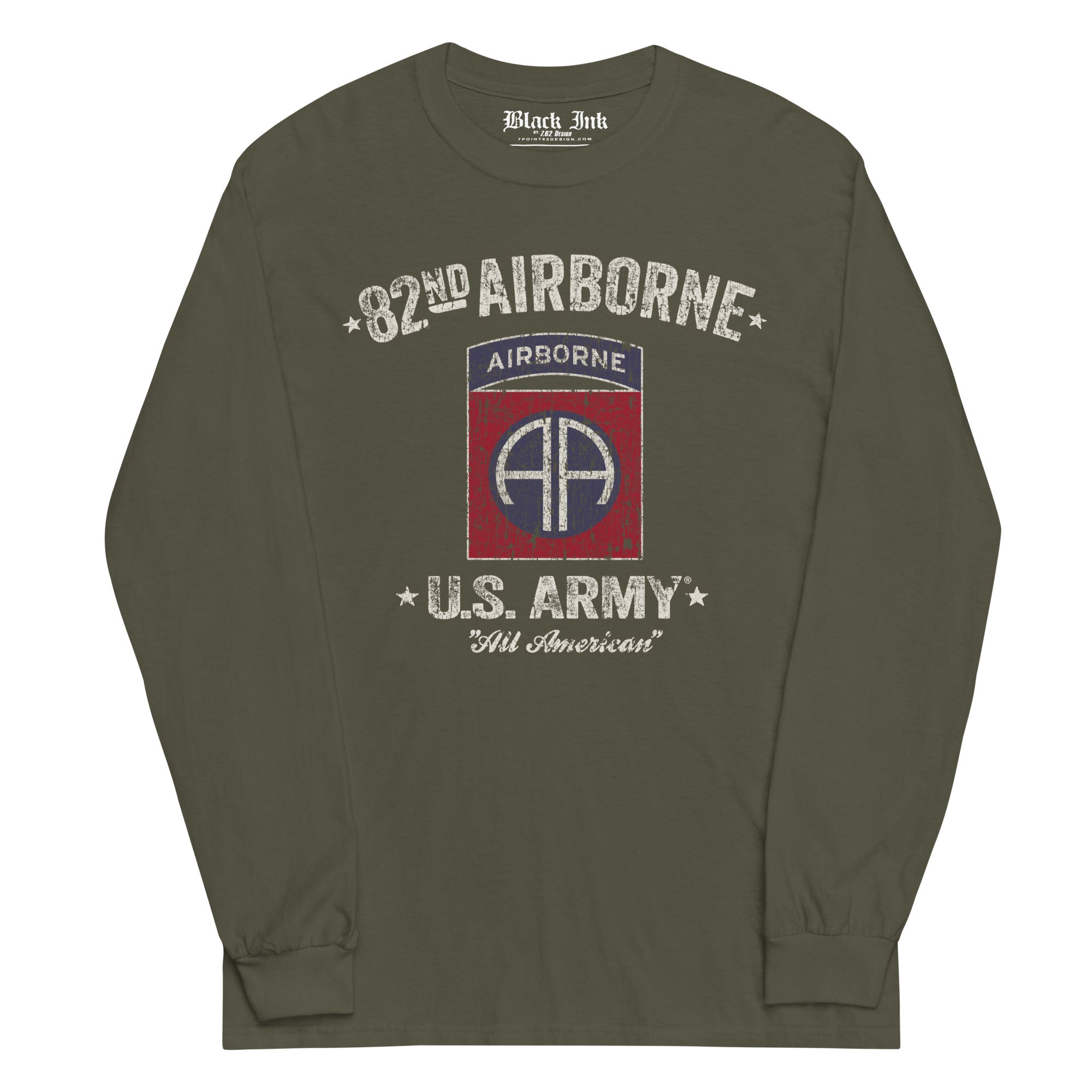 7.62 Design 82nd Airborne Black Ink T-Shirt manica lunga nera cotone