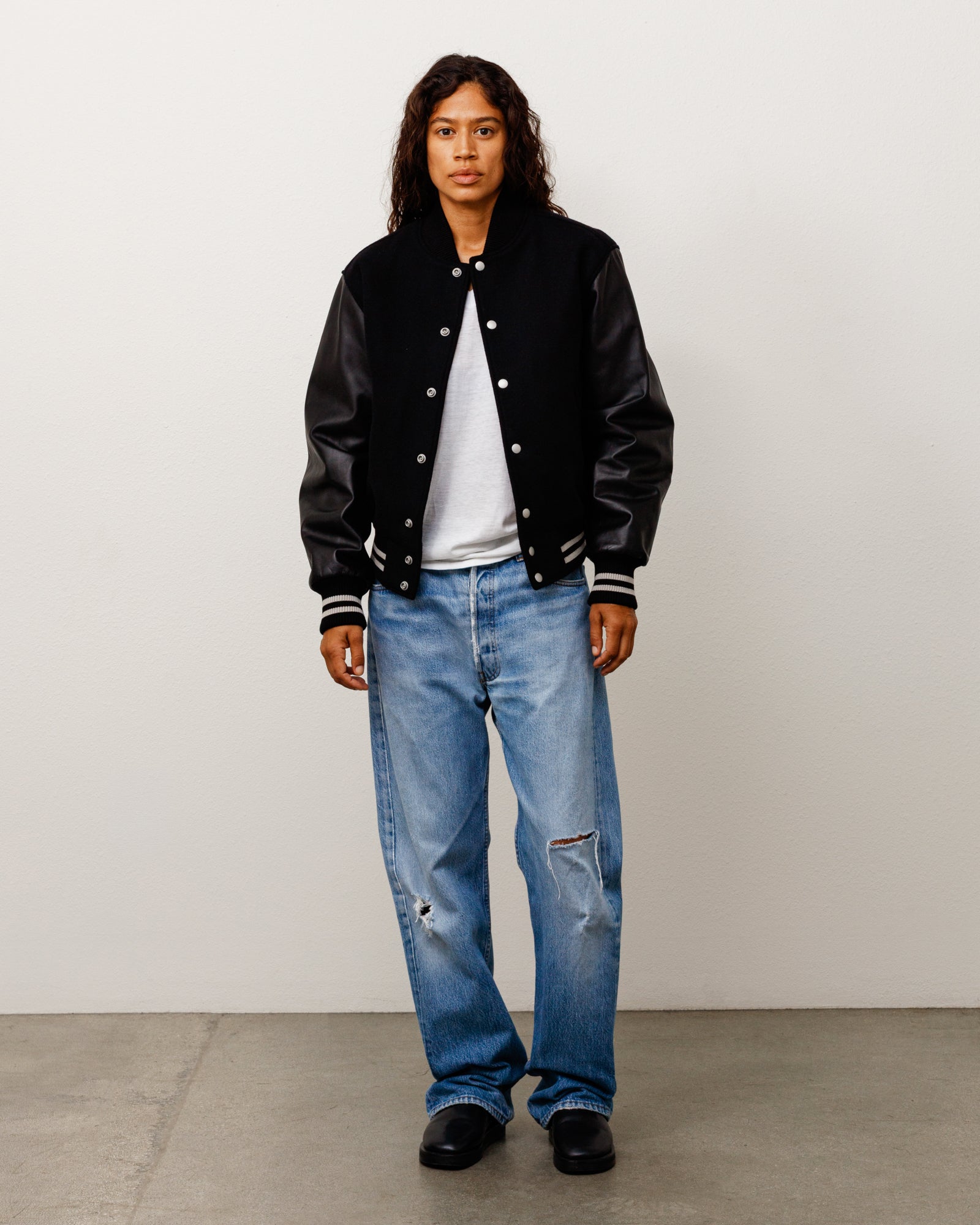Stussy Wool Varsity giacca nera 75% lana maniche pelle