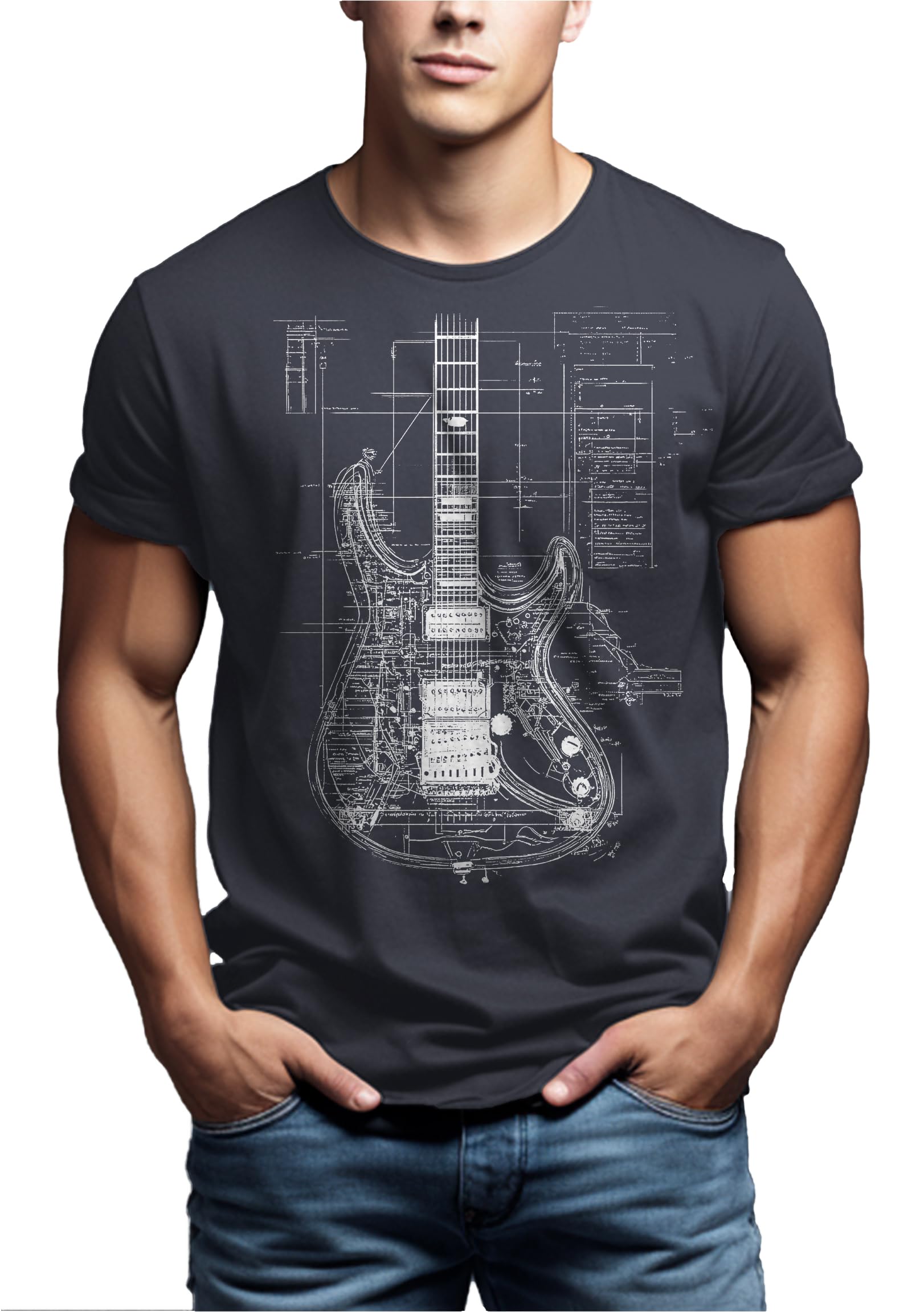 MAKAYA T-Shirt Uomo Chitarra Maglietta Nera XL 100% Cotone