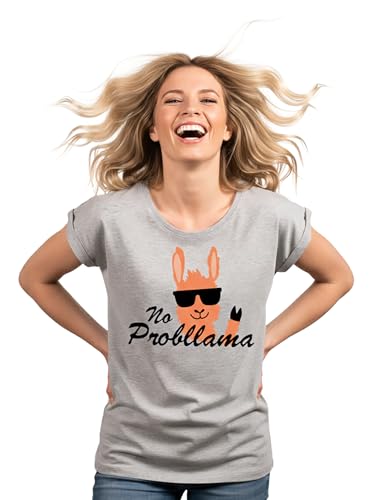 MAKAYA T-Shirt Donna No Probllama Maglietta Grigio Chiaro