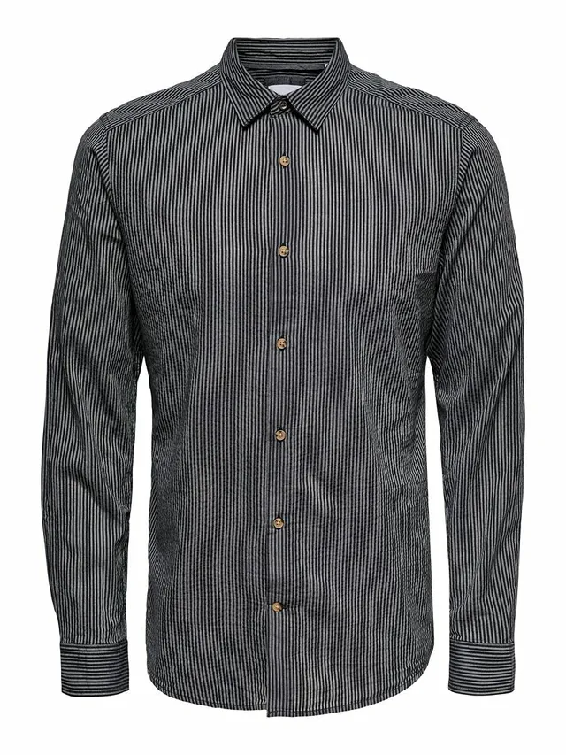 ONLY & SONS Camicia Uomo Rigata Navy Scuro L Slim Fit