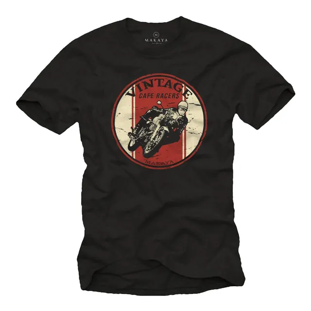 MAKAYA Cafe Racer Maglietta Uomo Cotone Vintage Moto Nero