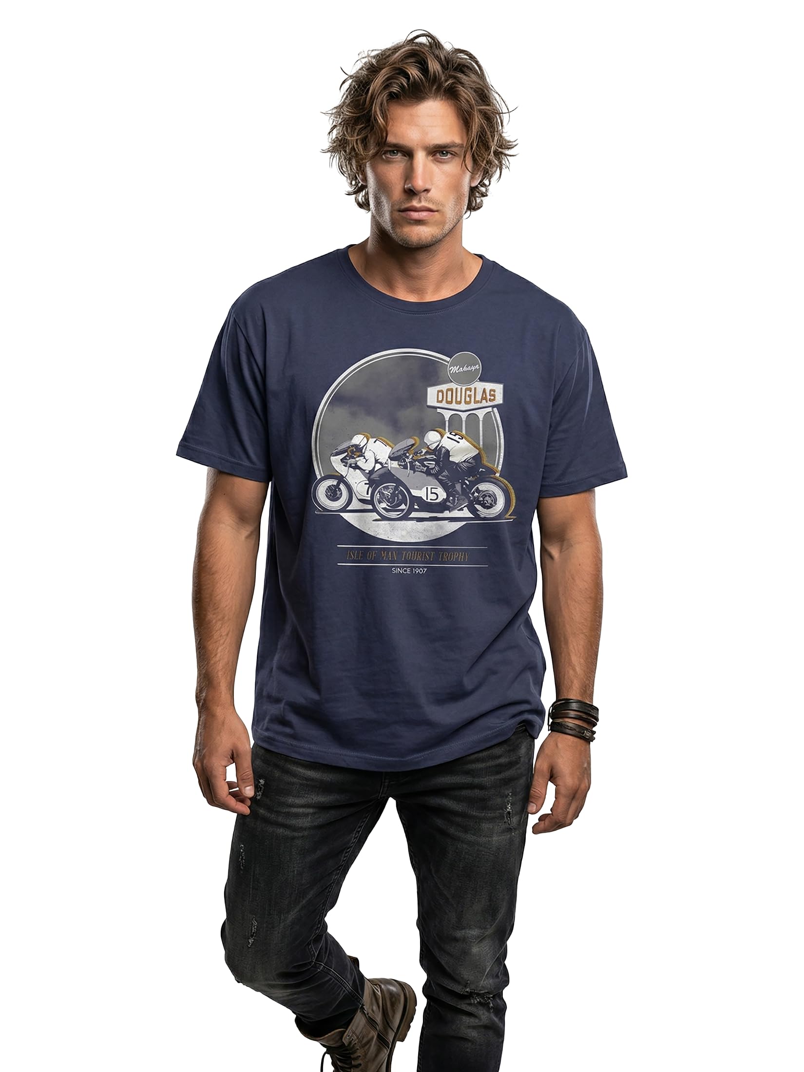 Makaya Cafe Racer T-Shirt Uomo Cotone Blu Taglia S