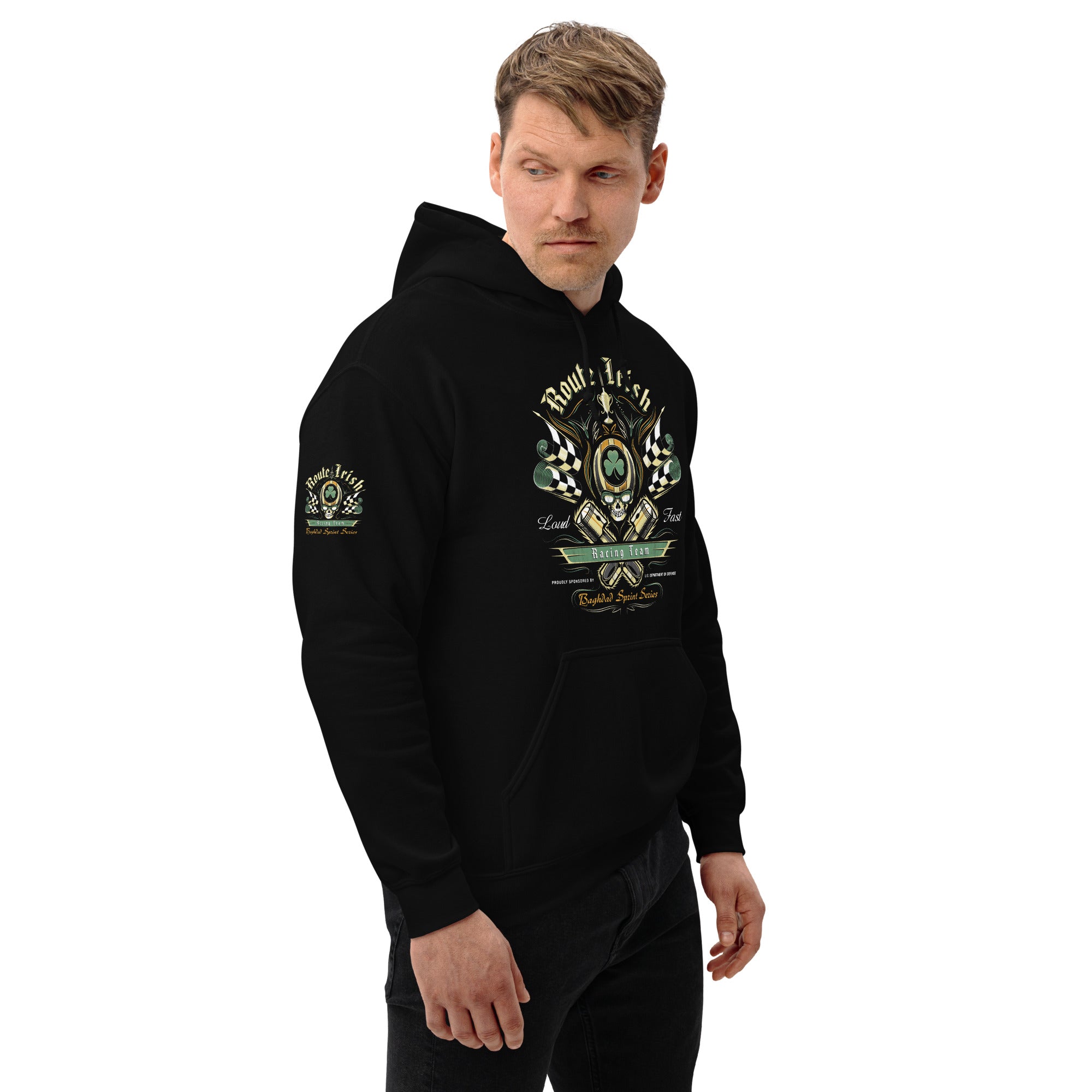 7.62 Design OIF Route Irish Felpa cappuccio unisex nera cotone