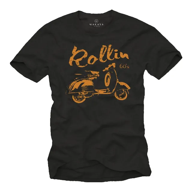 MAKAYA Rollin 60s Biker T-Shirt Uomo Cotone Nero