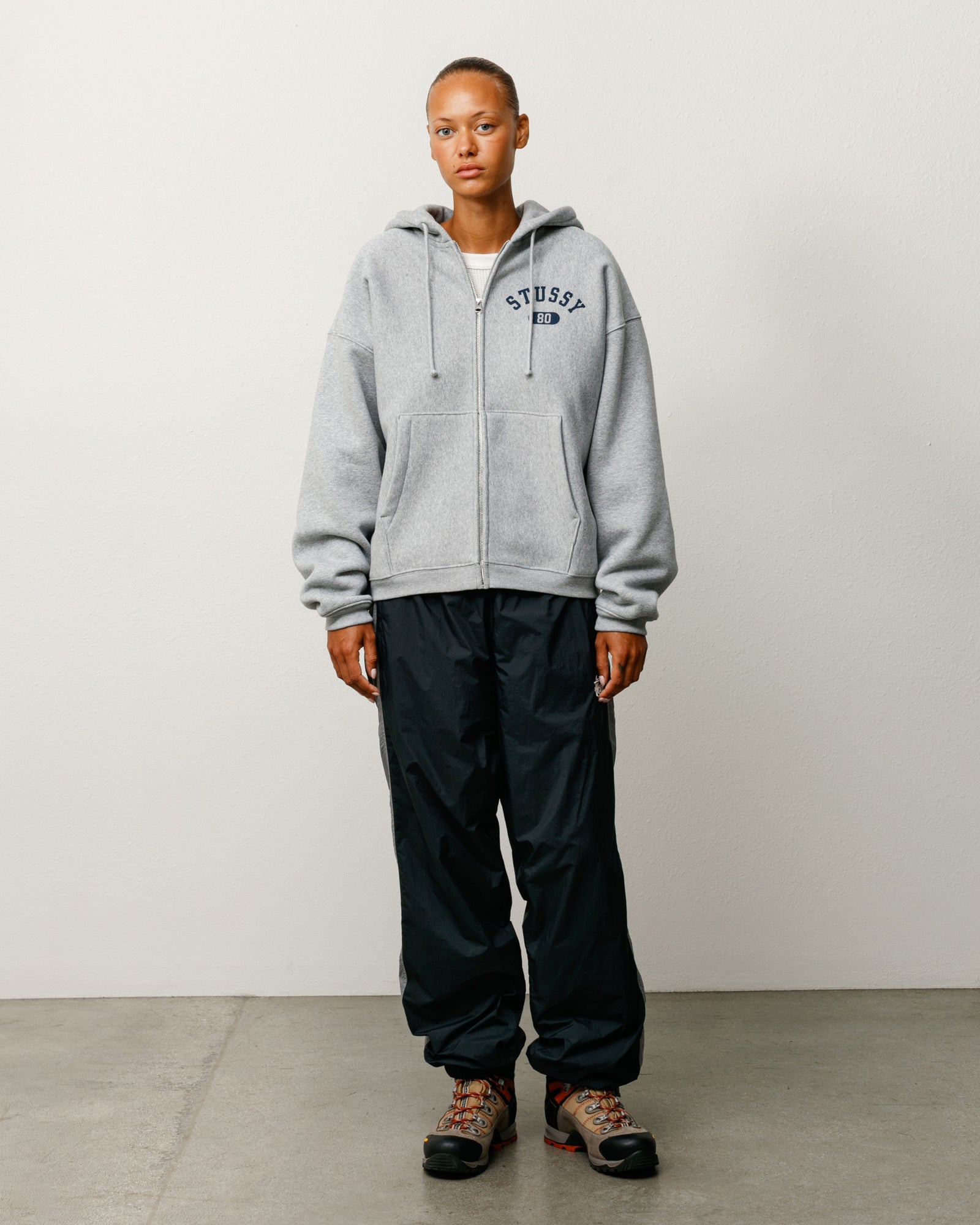 Stussy Varsity Zip Hoodie felpa grigia zip pesante 535 gsm